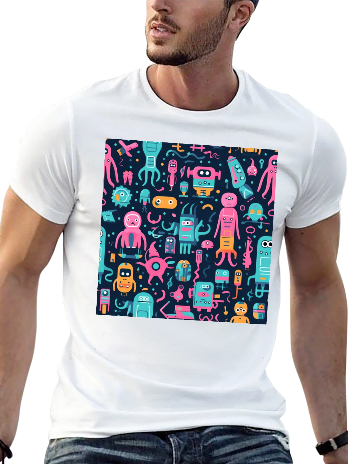 Funky Alien Robot Print Black Tee