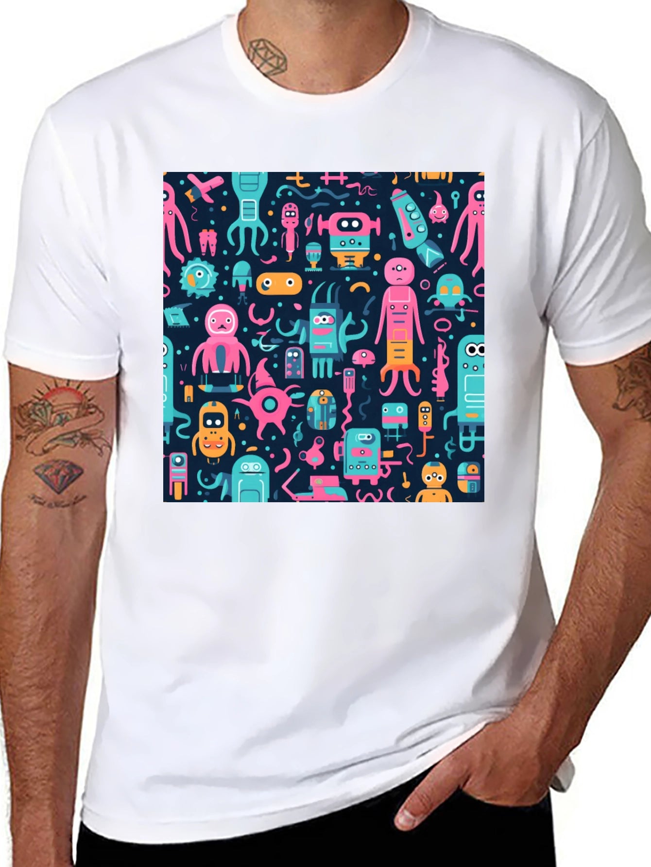Funky Alien Robot Print Black Tee