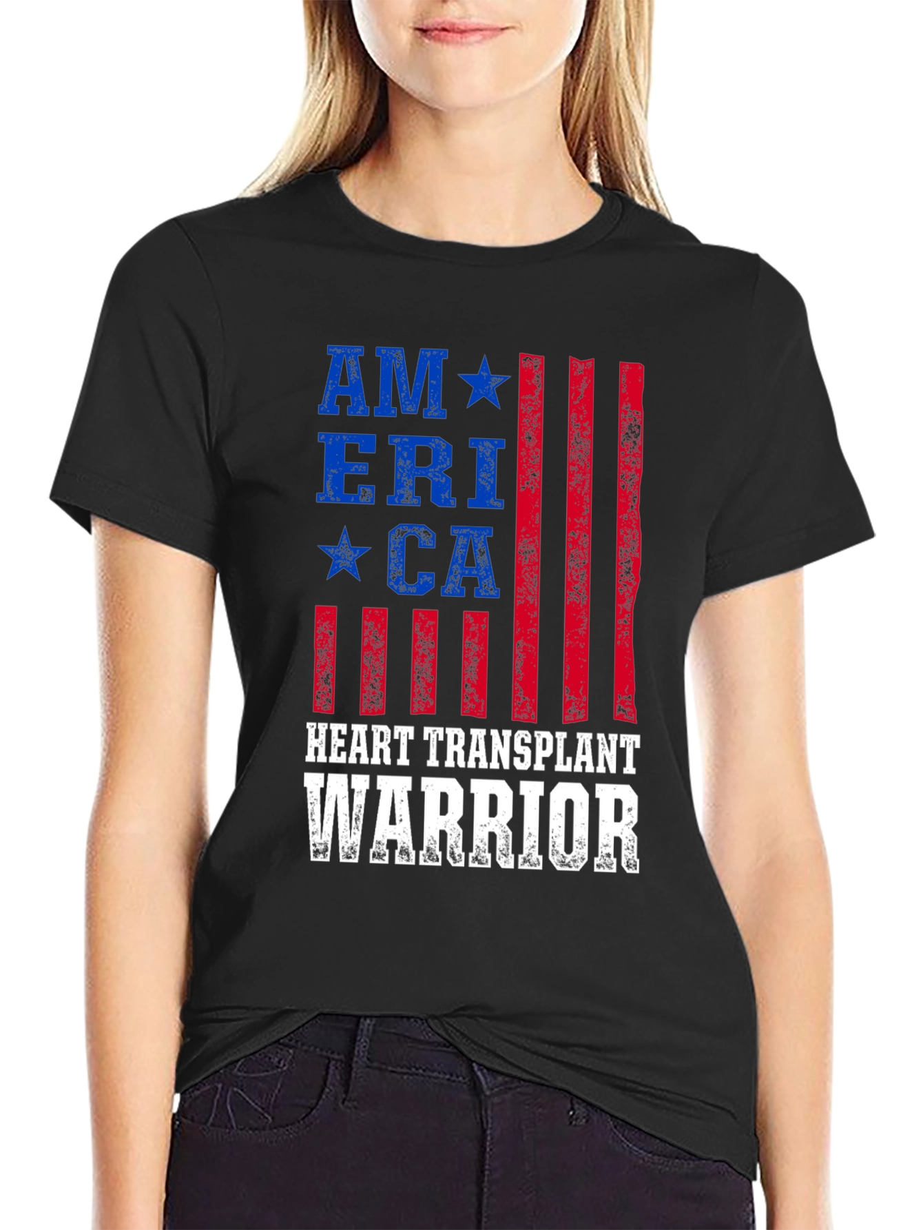Heart Transplant Warrior American Flag Graphic T-Shirt