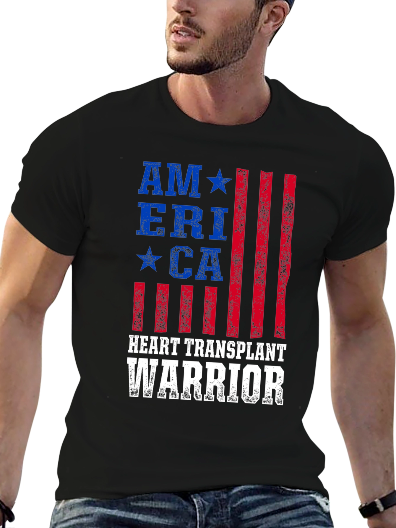 Heart Transplant Warrior American Flag Graphic T-Shirt