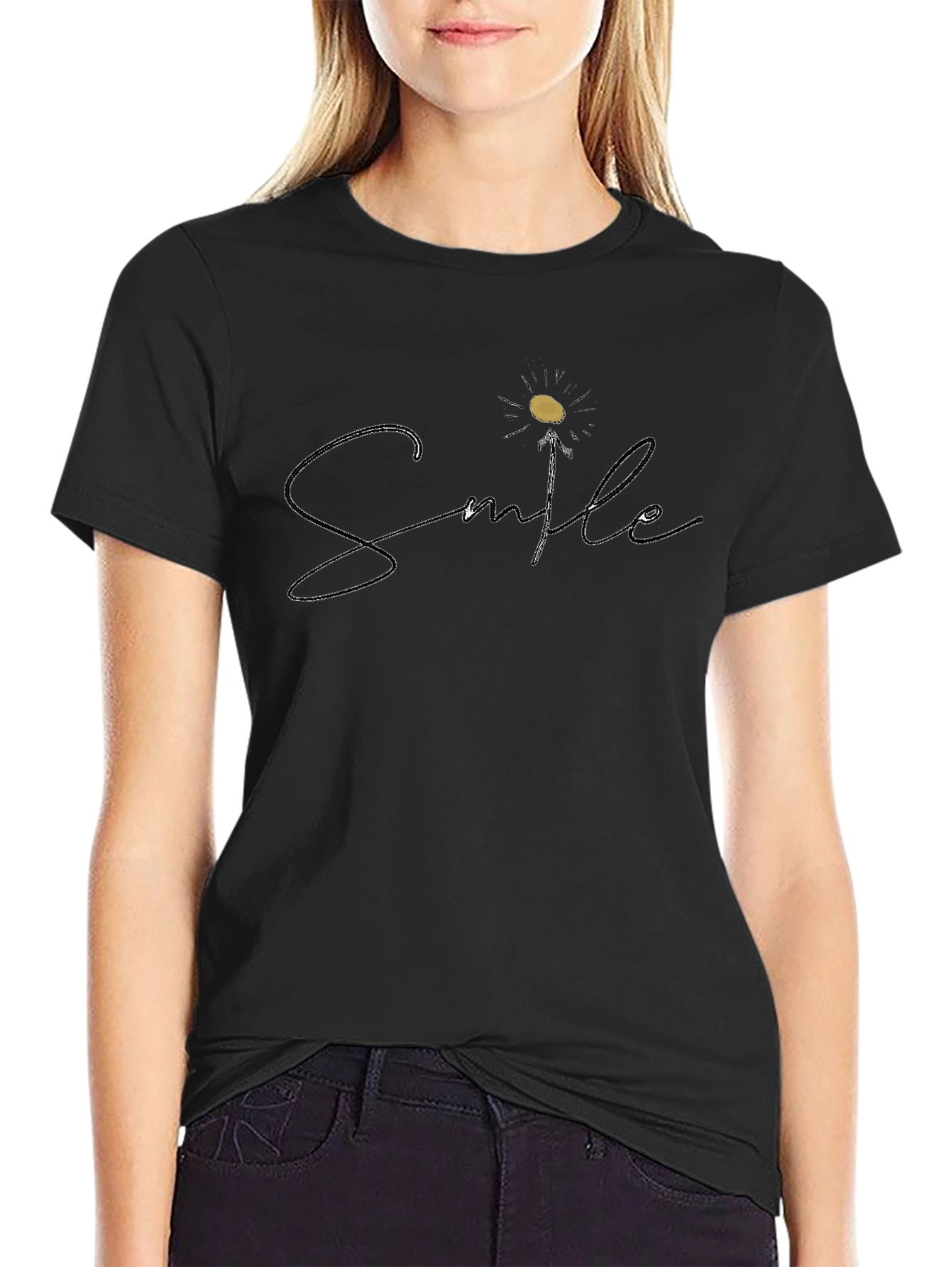 Smile Flower Graphic Black T-Shirt