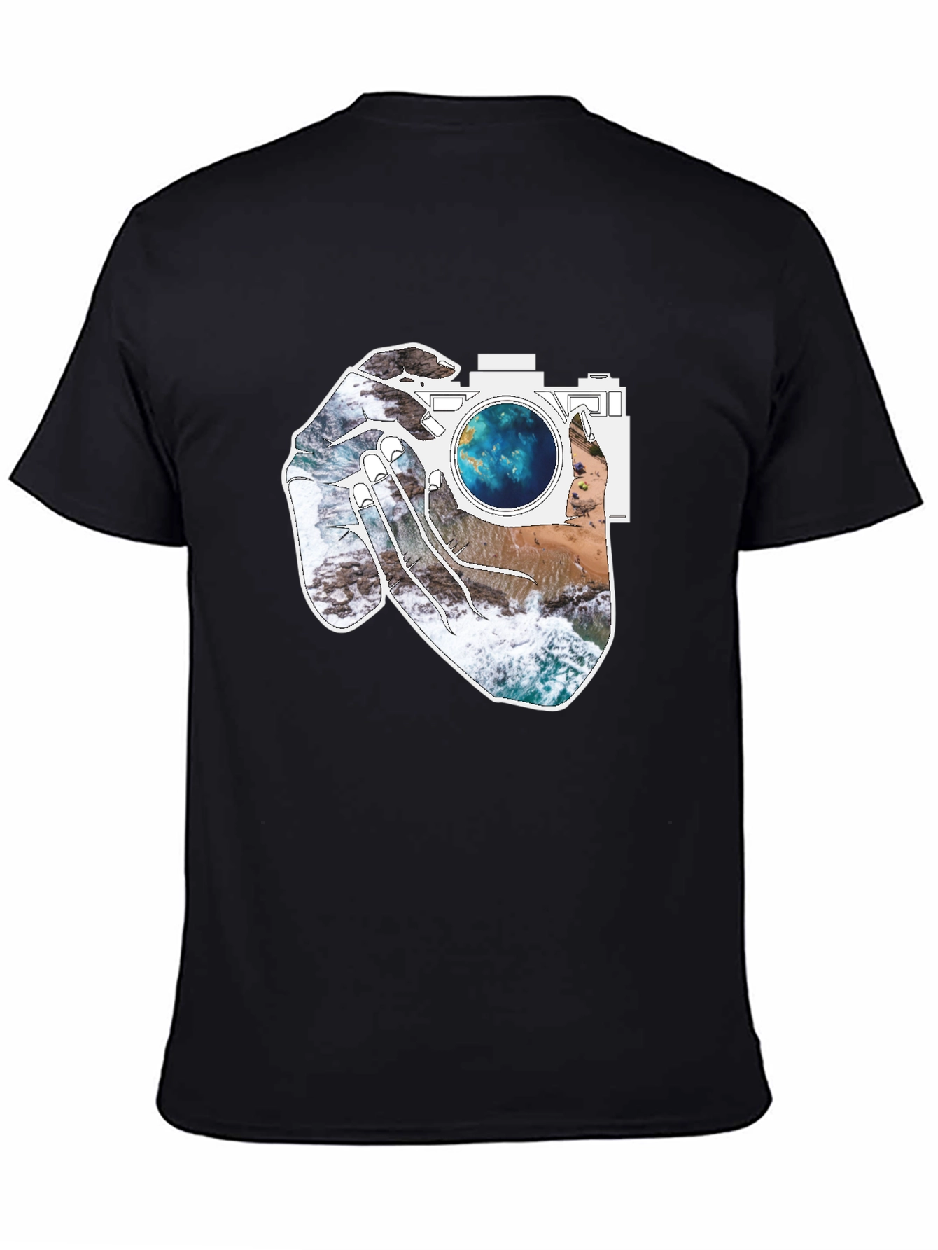 Camera Beach Scene Graphic Tee - Black