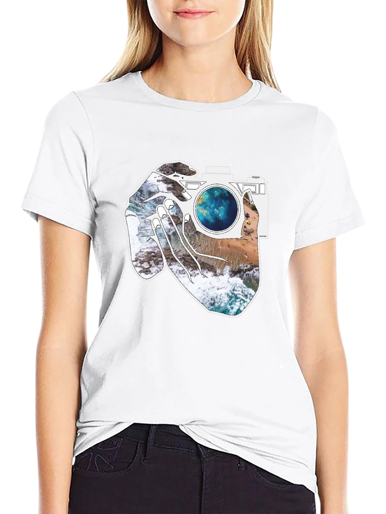 Camera Beach Scene Graphic Tee - Black