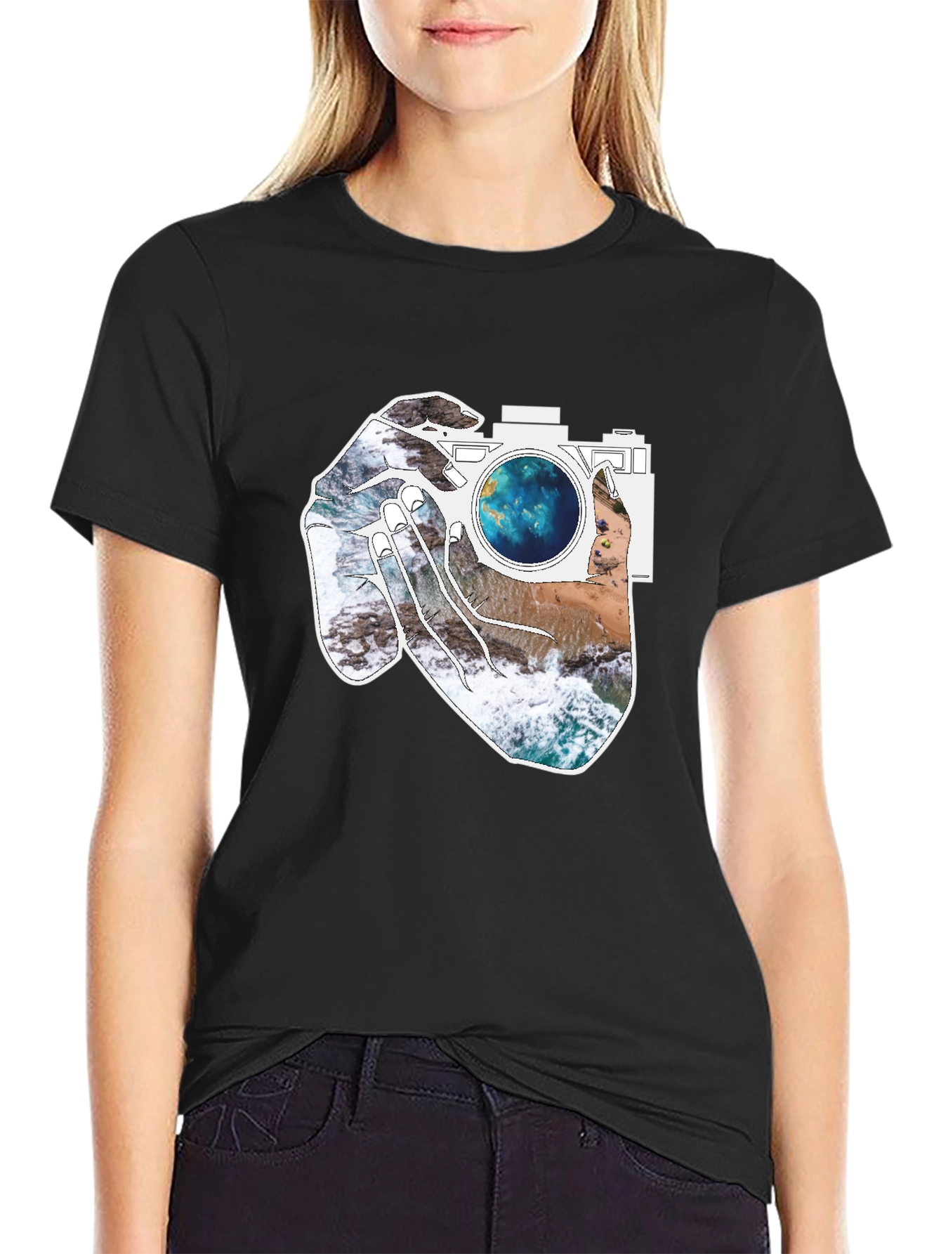 Camera Beach Scene Graphic Tee - Black