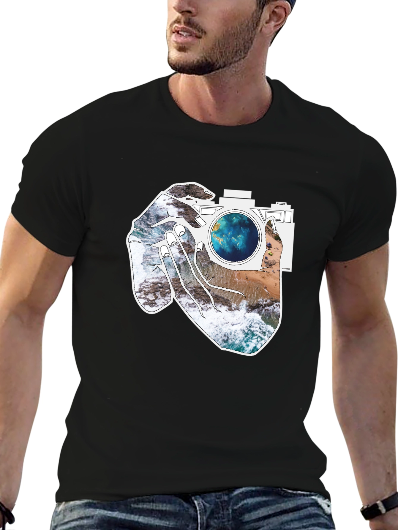 Camera Beach Scene Graphic Tee - Black
