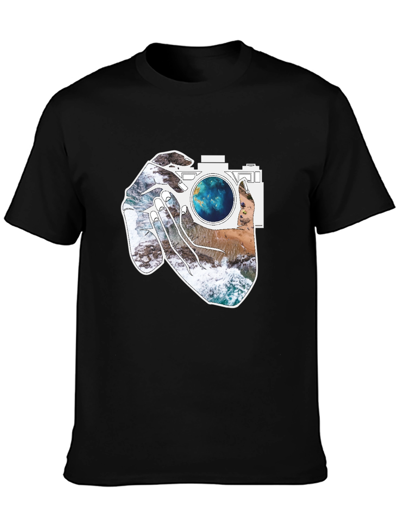 Camera Beach Scene Graphic Tee - Black