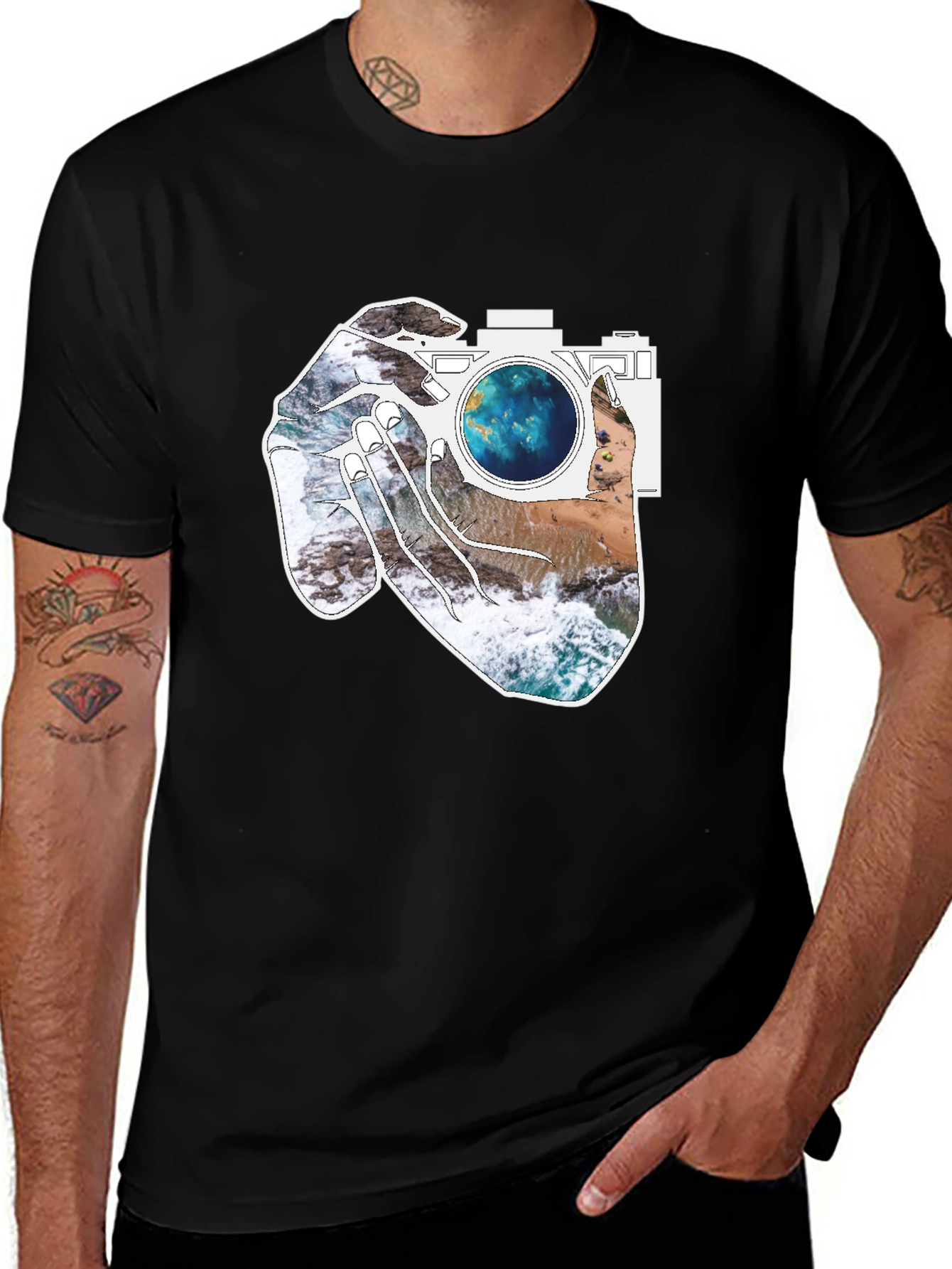 Camera Beach Scene Graphic Tee - Black
