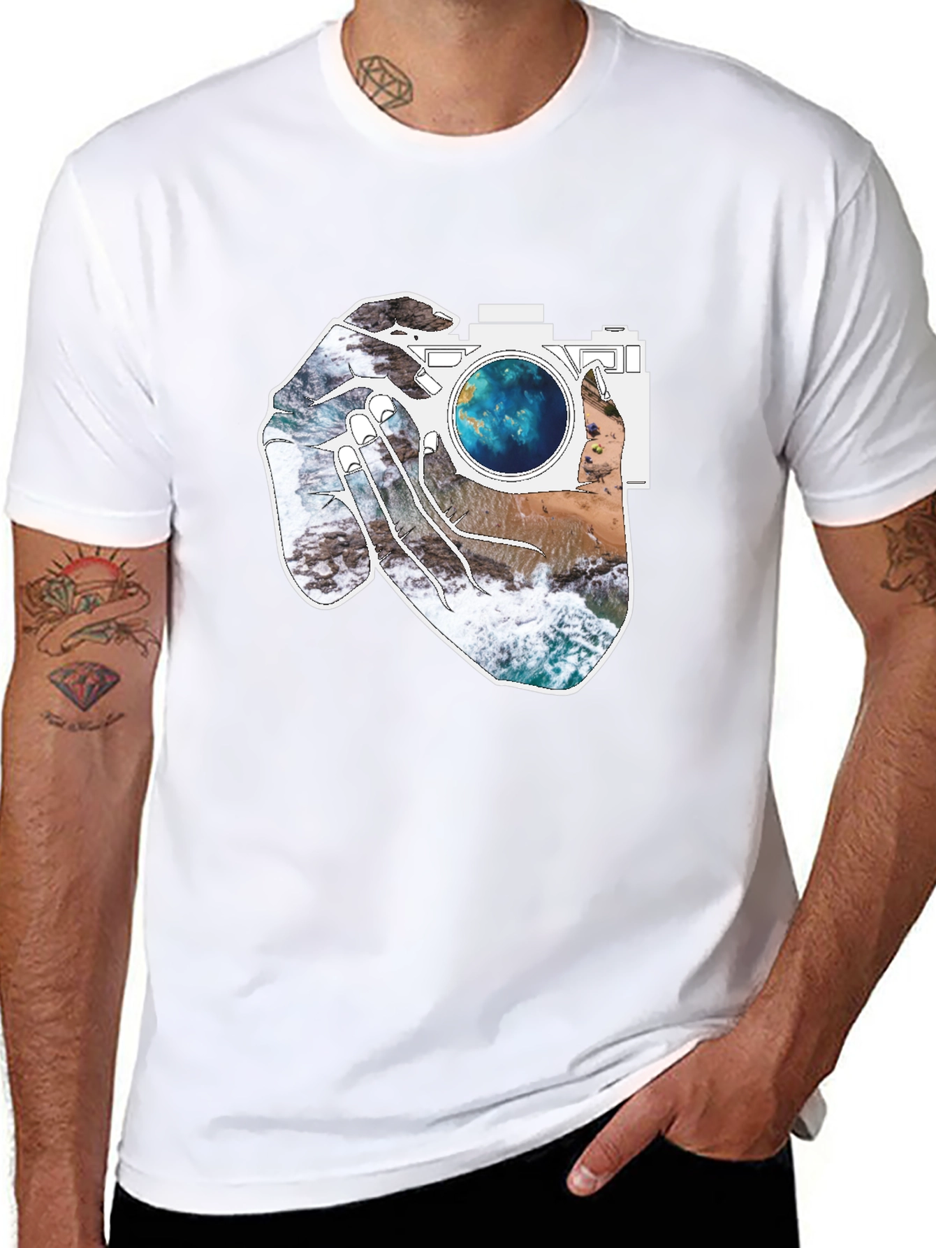 Camera Beach Scene Graphic Tee - Black