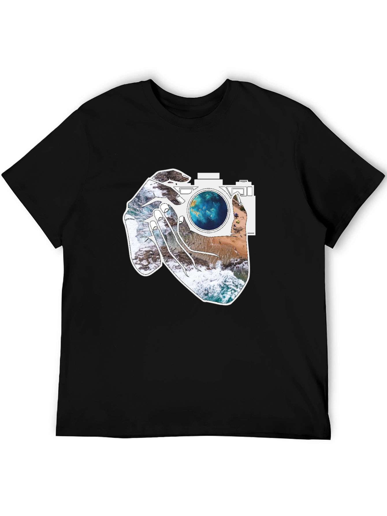 Camera Beach Scene Graphic Tee - Black