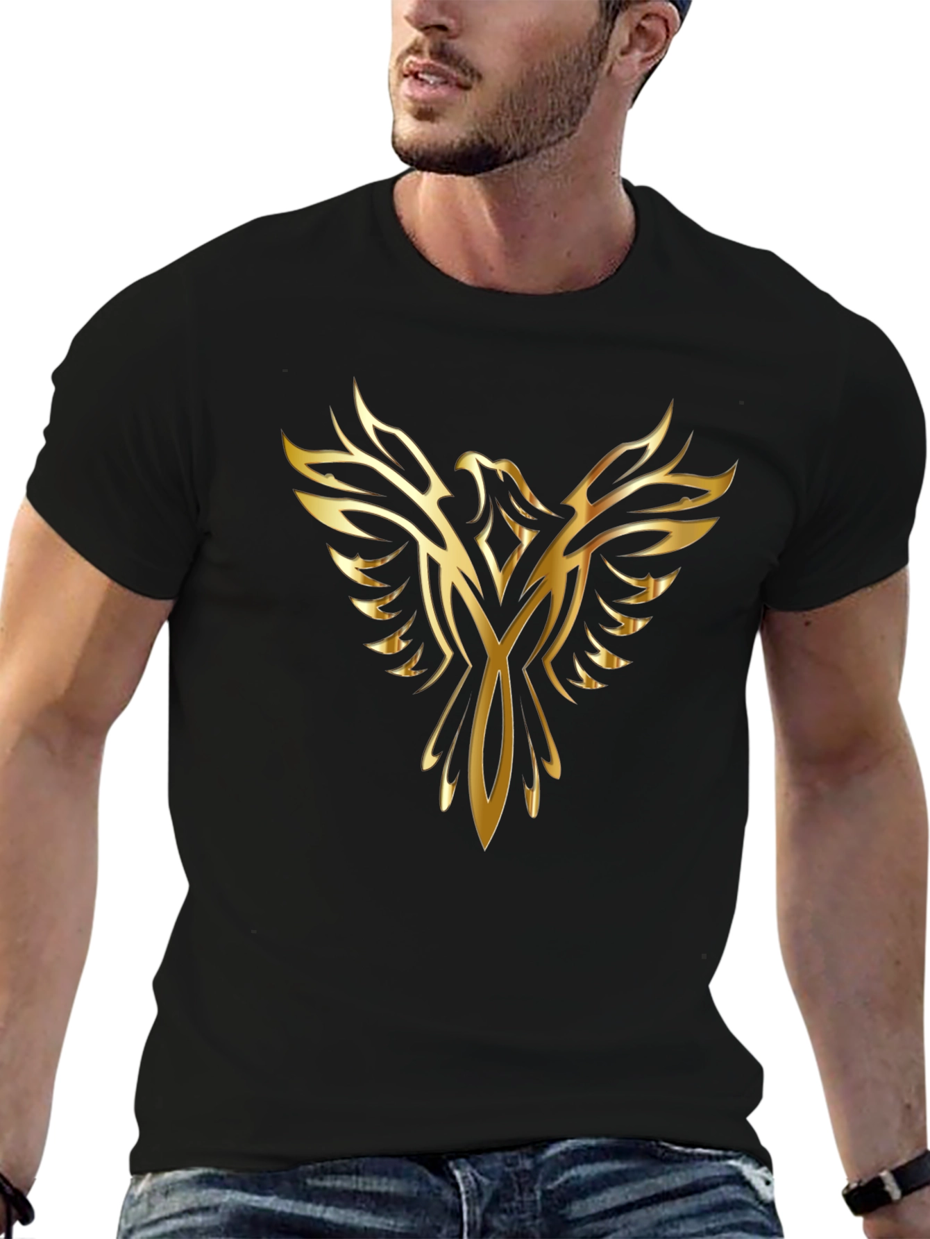 Mens Black T-Shirt with Golden Phoenix Design