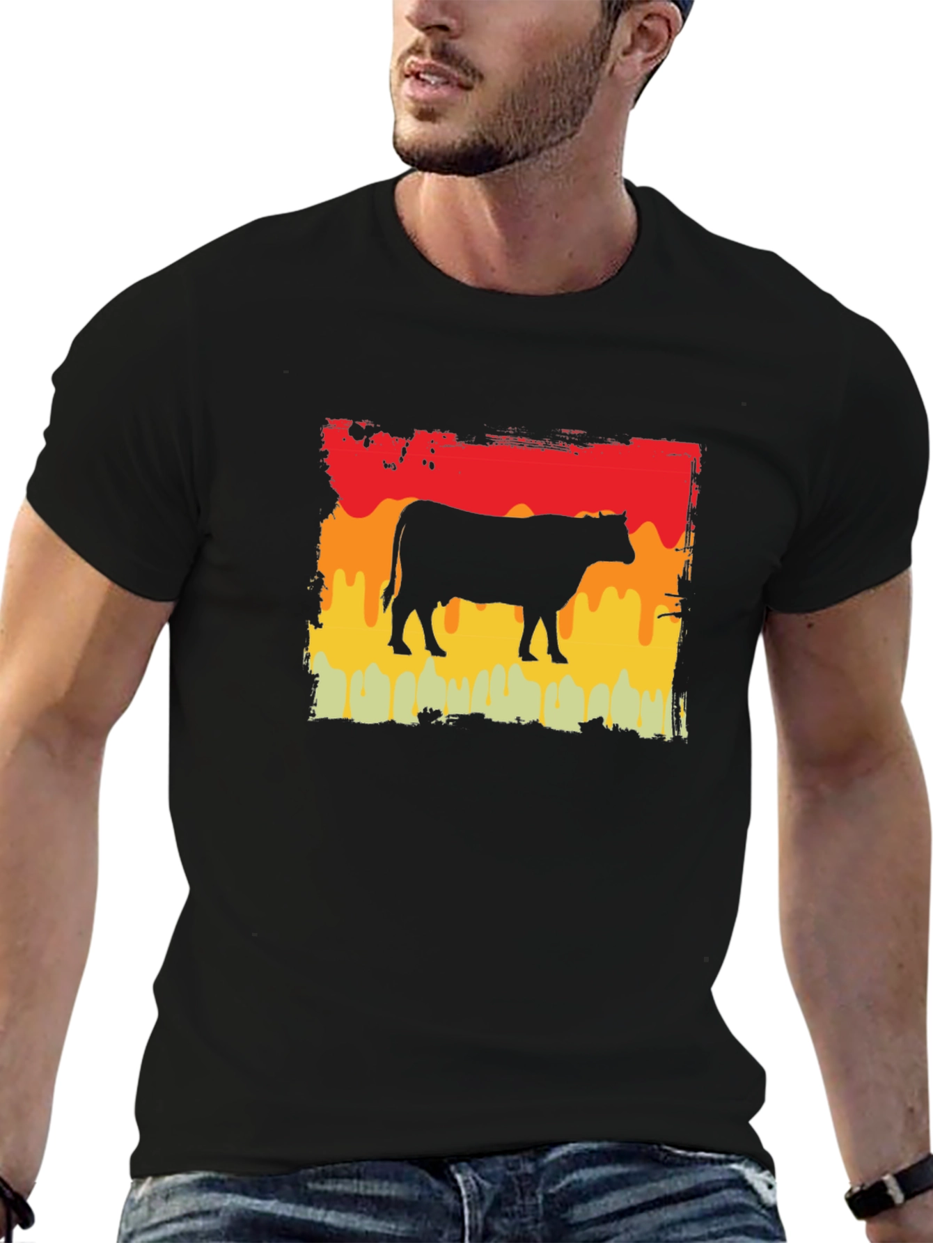 Retro Cow Graphic Tee - Black Unisex T-Shirt