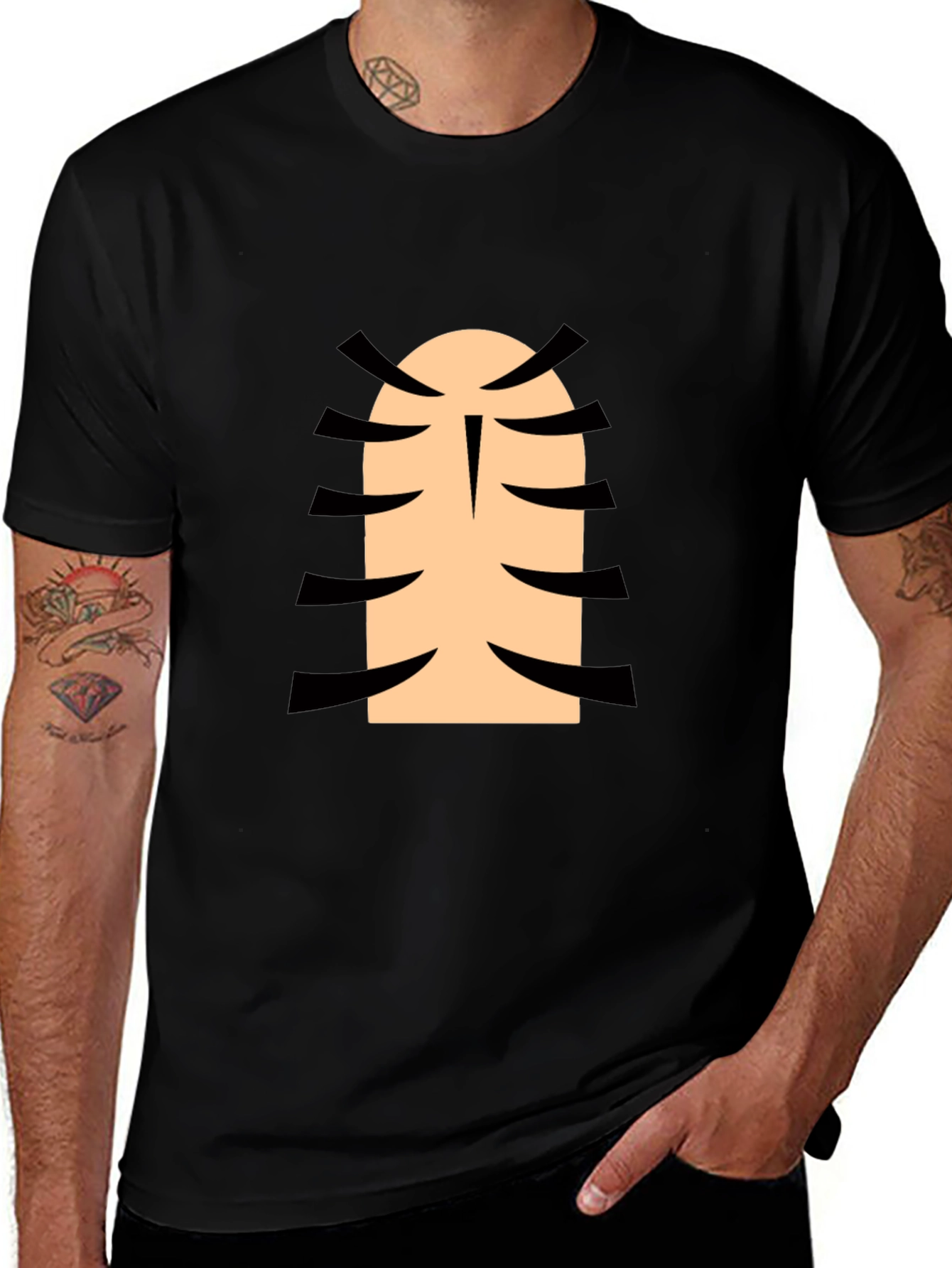 Funny Cartoon Character Rib Cage Graphic Black T-Shirt