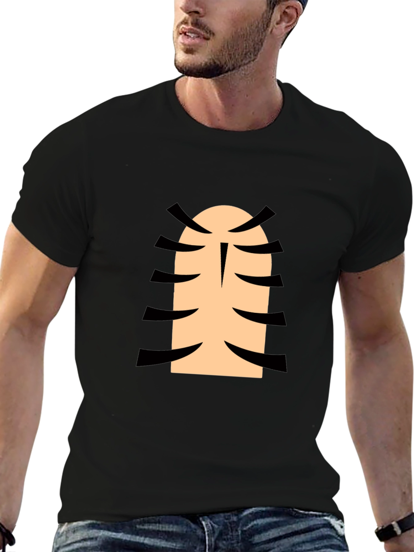Funny Cartoon Character Rib Cage Graphic Black T-Shirt