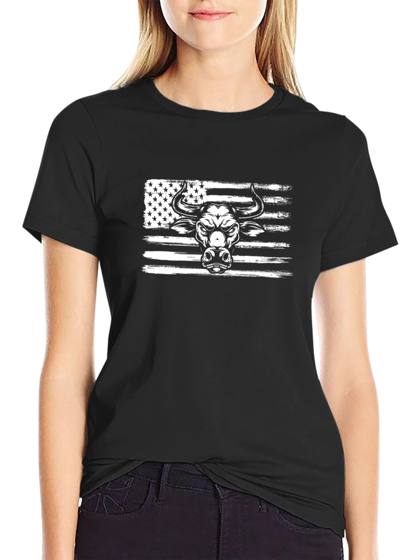 American Flag Bull Graphic Tee - Black Cotton T-Shirt