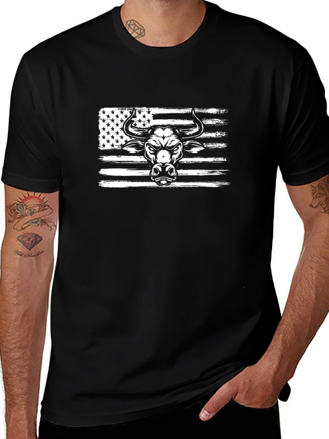 American Flag Bull Graphic Tee - Black Cotton T-Shirt