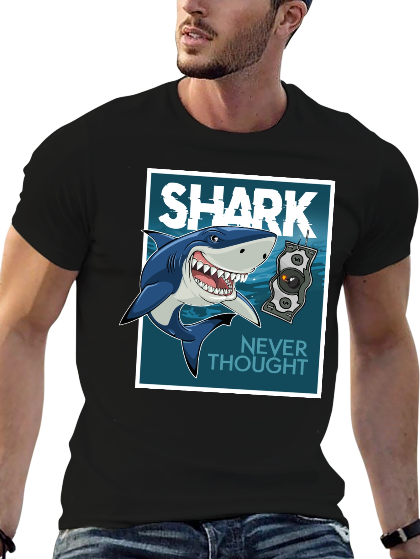 Shark Never Thought Graphic Print Black Tee