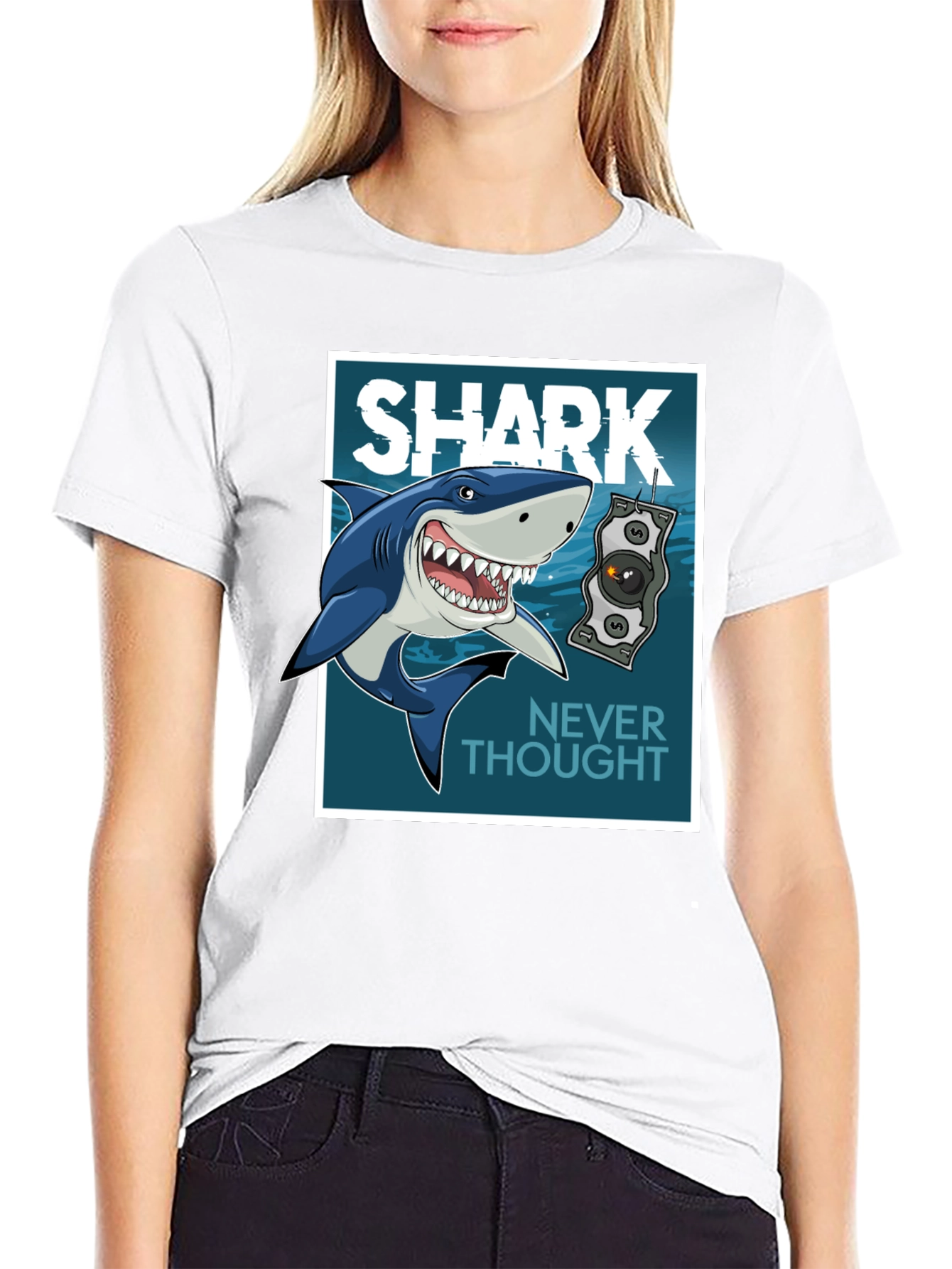 Shark Never Thought Graphic Print Black Tee