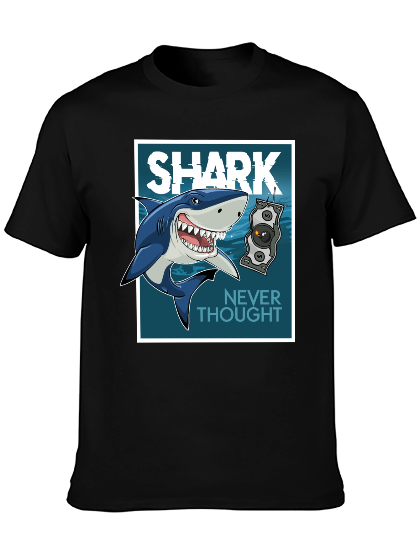 Shark Never Thought Graphic Print Black Tee