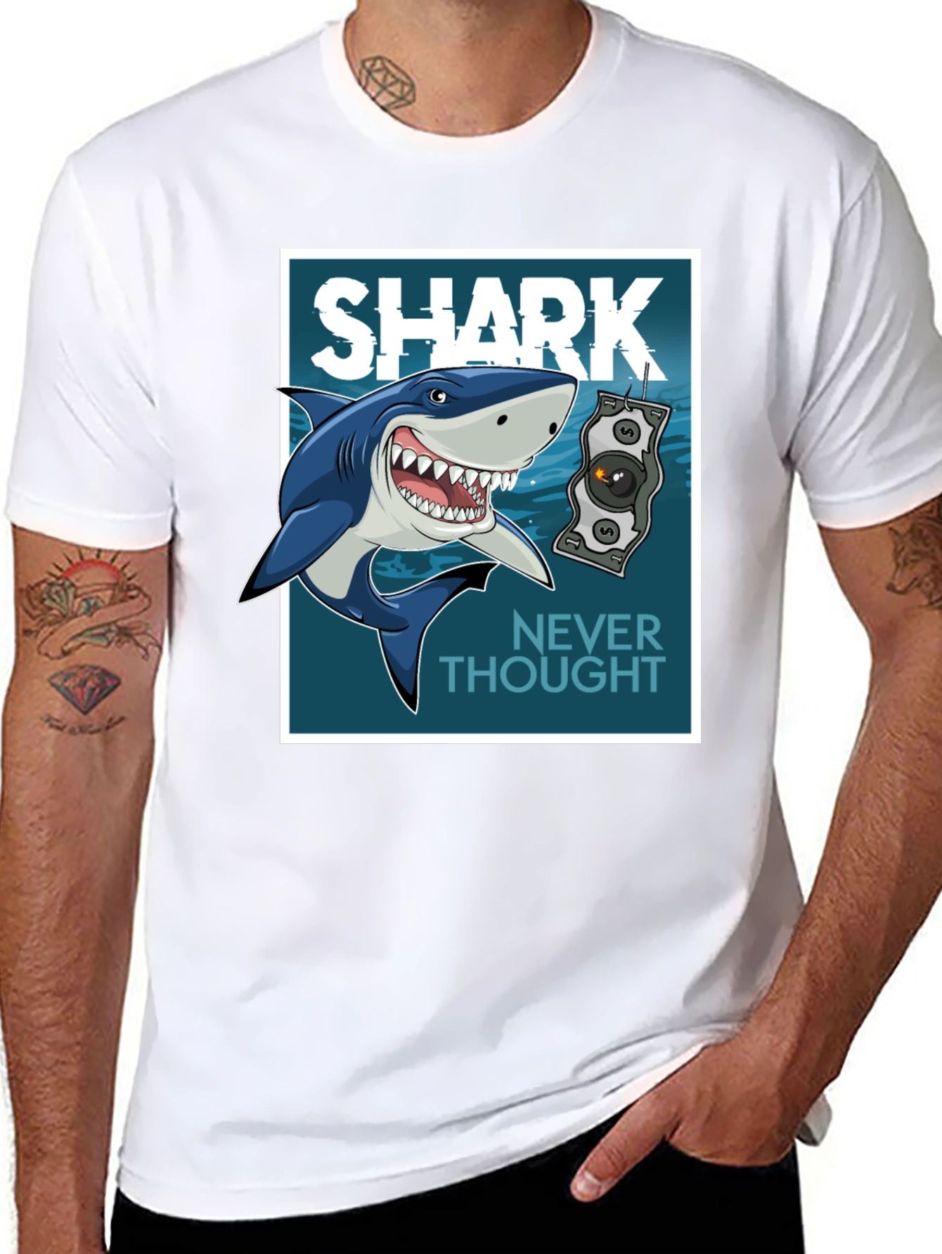 Shark Never Thought Graphic Print Black Tee