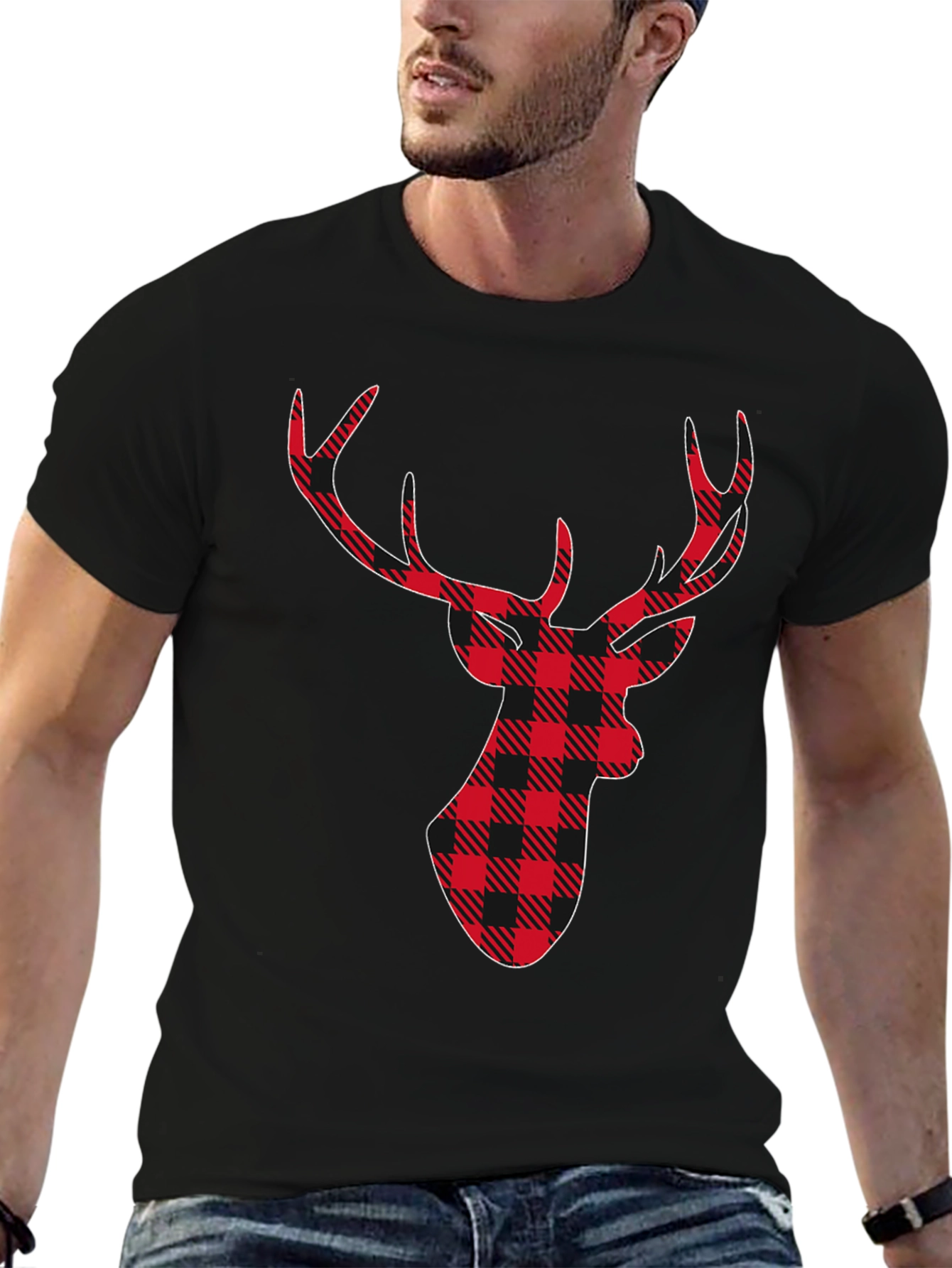 Plaid Deer Graphic Tee - Stylish Holiday Shirt