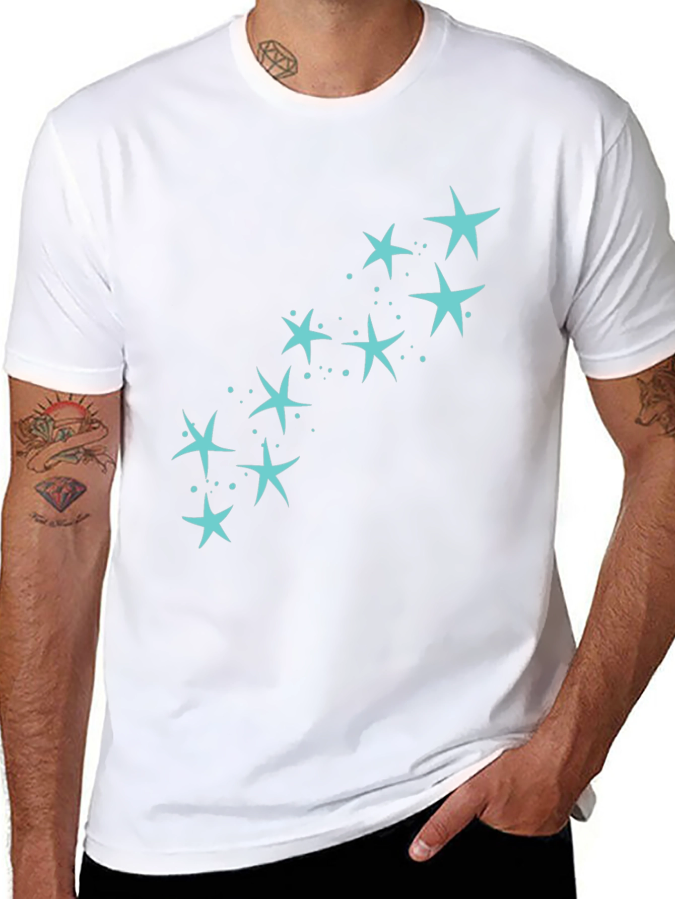 Mens Black T-Shirt with Teal Star Design