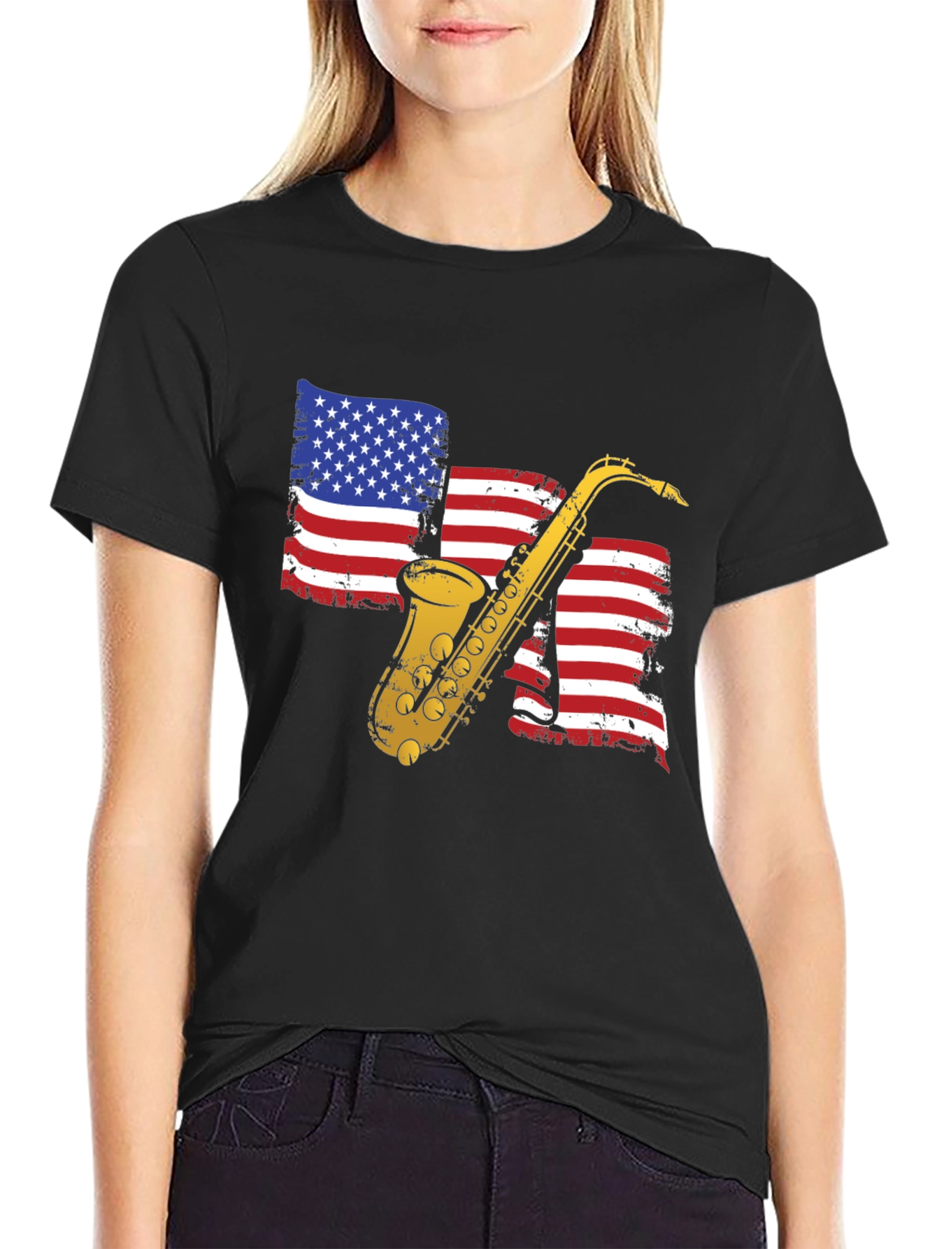 Saxophone American Flag Graphic T-Shirt