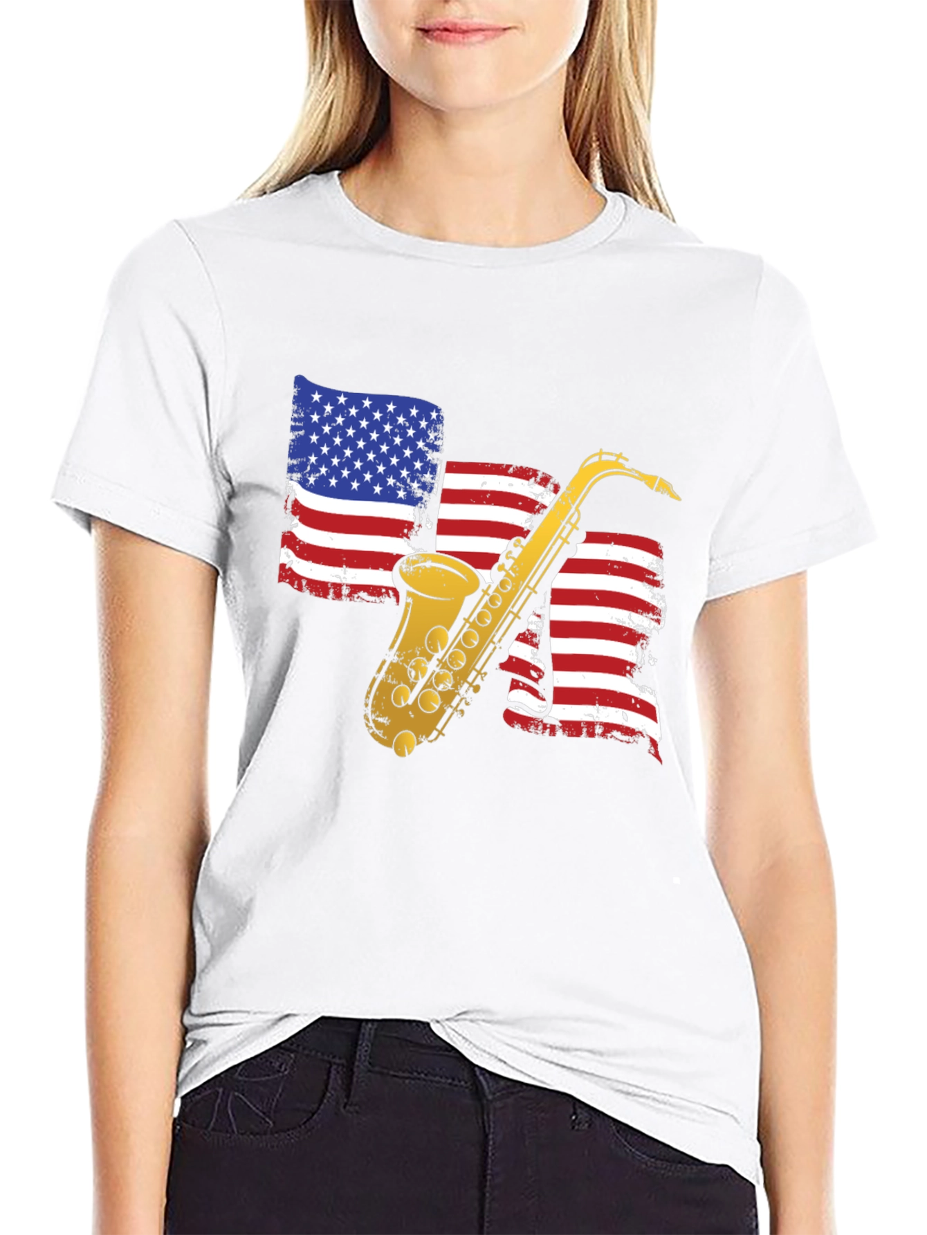 Saxophone American Flag Graphic T-Shirt