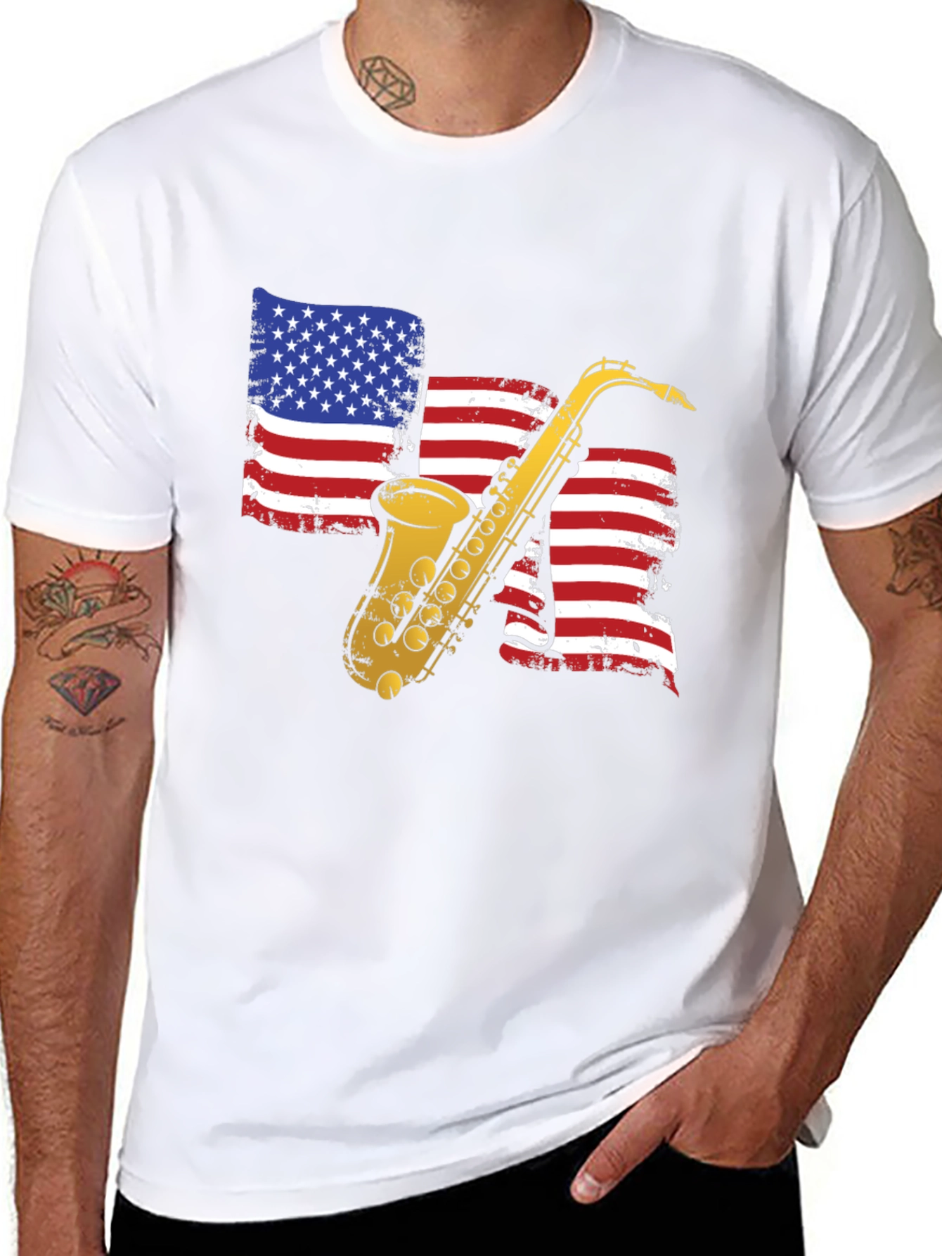Saxophone American Flag Graphic T-Shirt