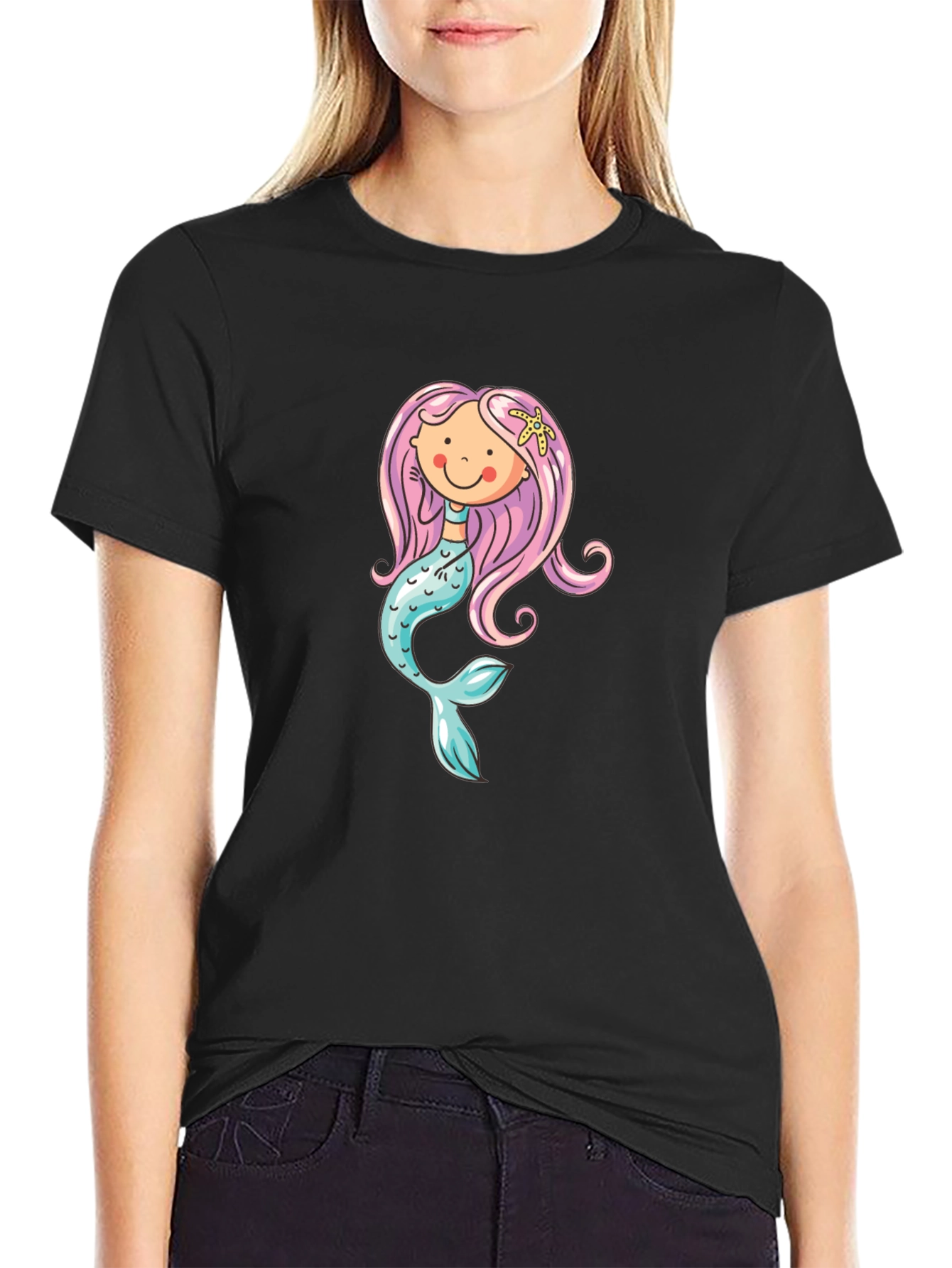 Mermaid Graphic Tee - Black Cotton Blend