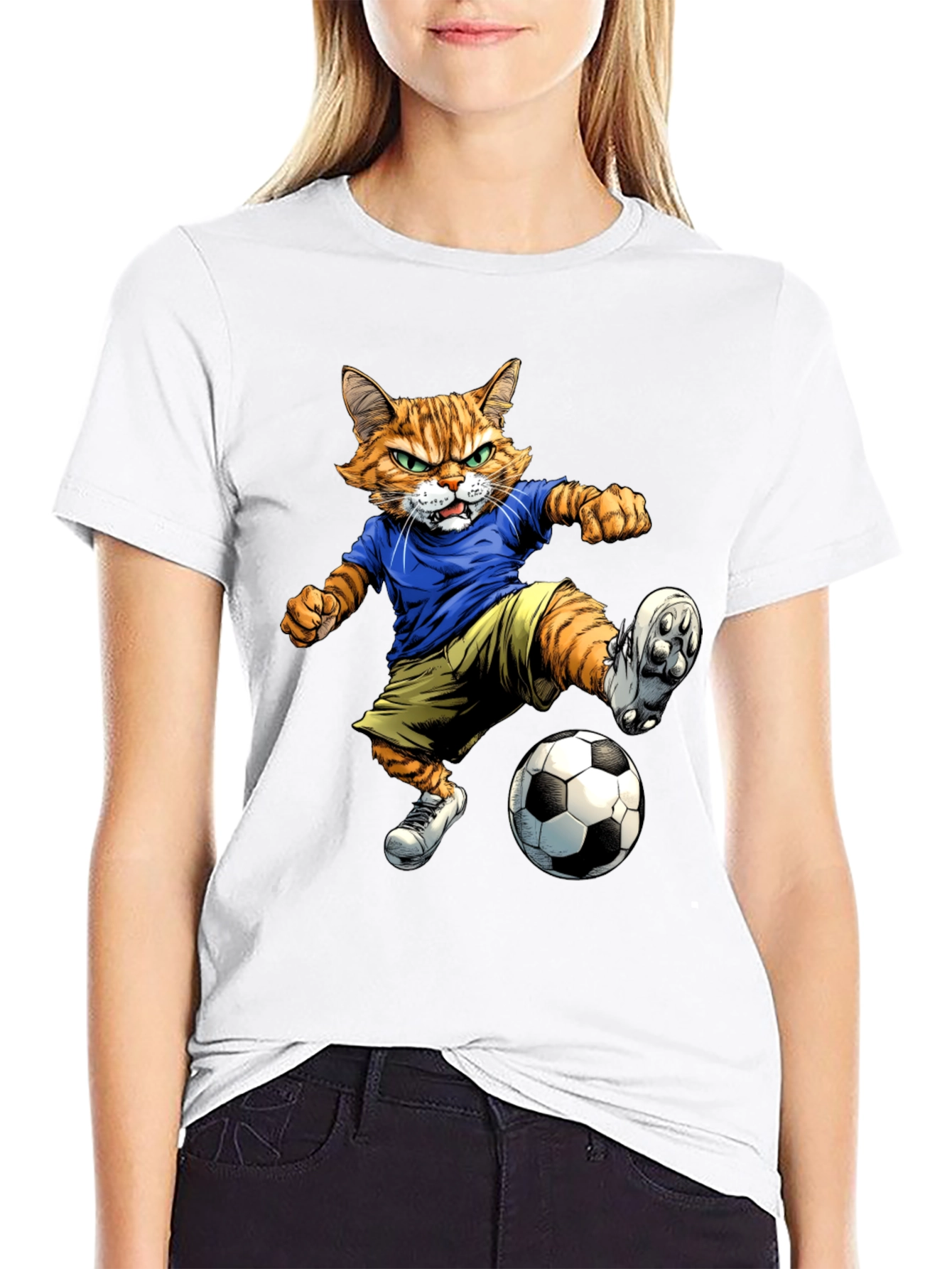 Cartoon Cat Soccer Player Graphic T-Shirt