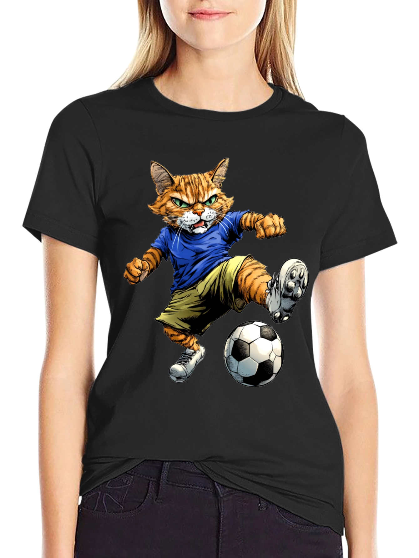 Cartoon Cat Soccer Player Graphic T-Shirt