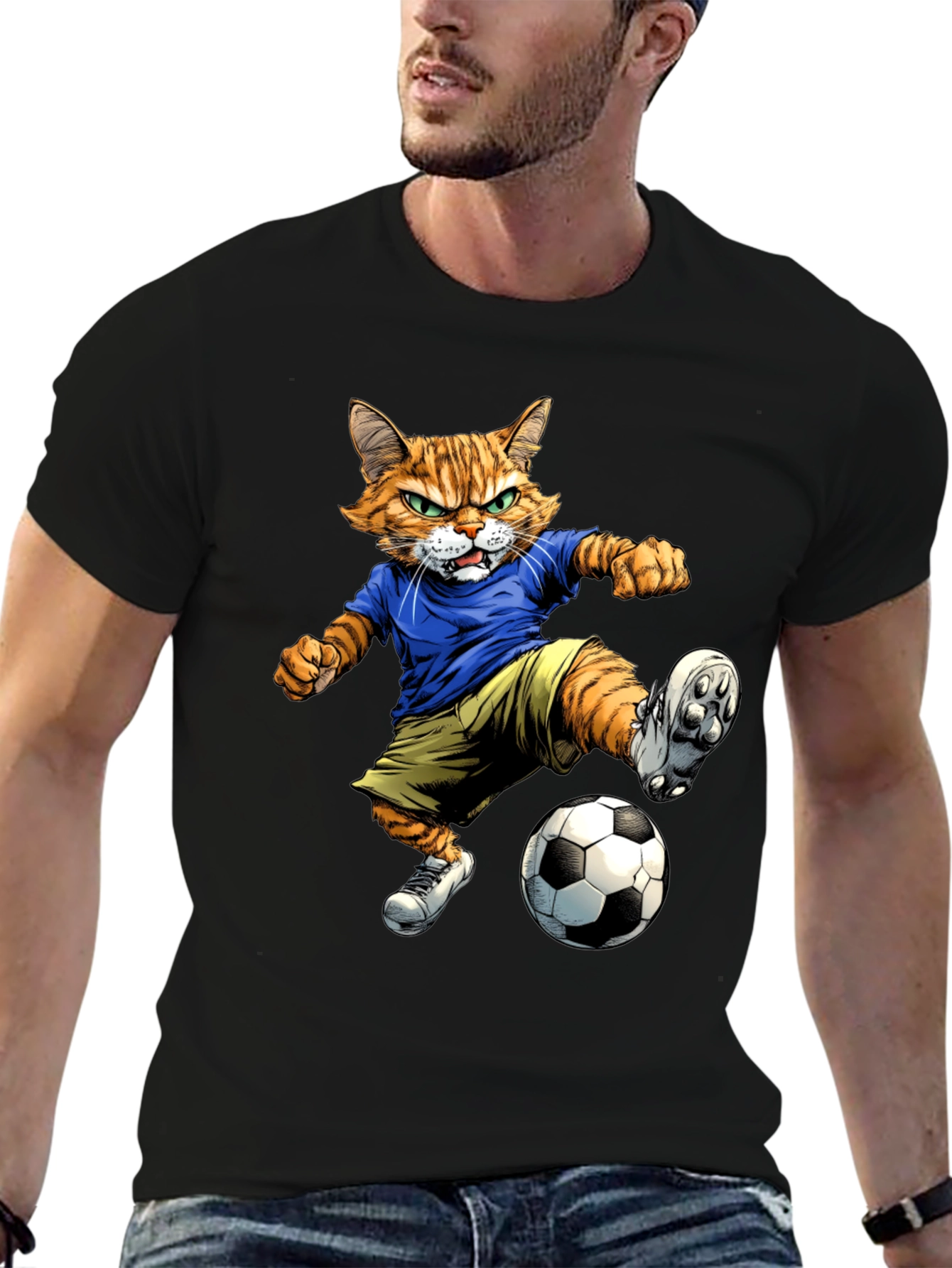 Cartoon Cat Soccer Player Graphic T-Shirt