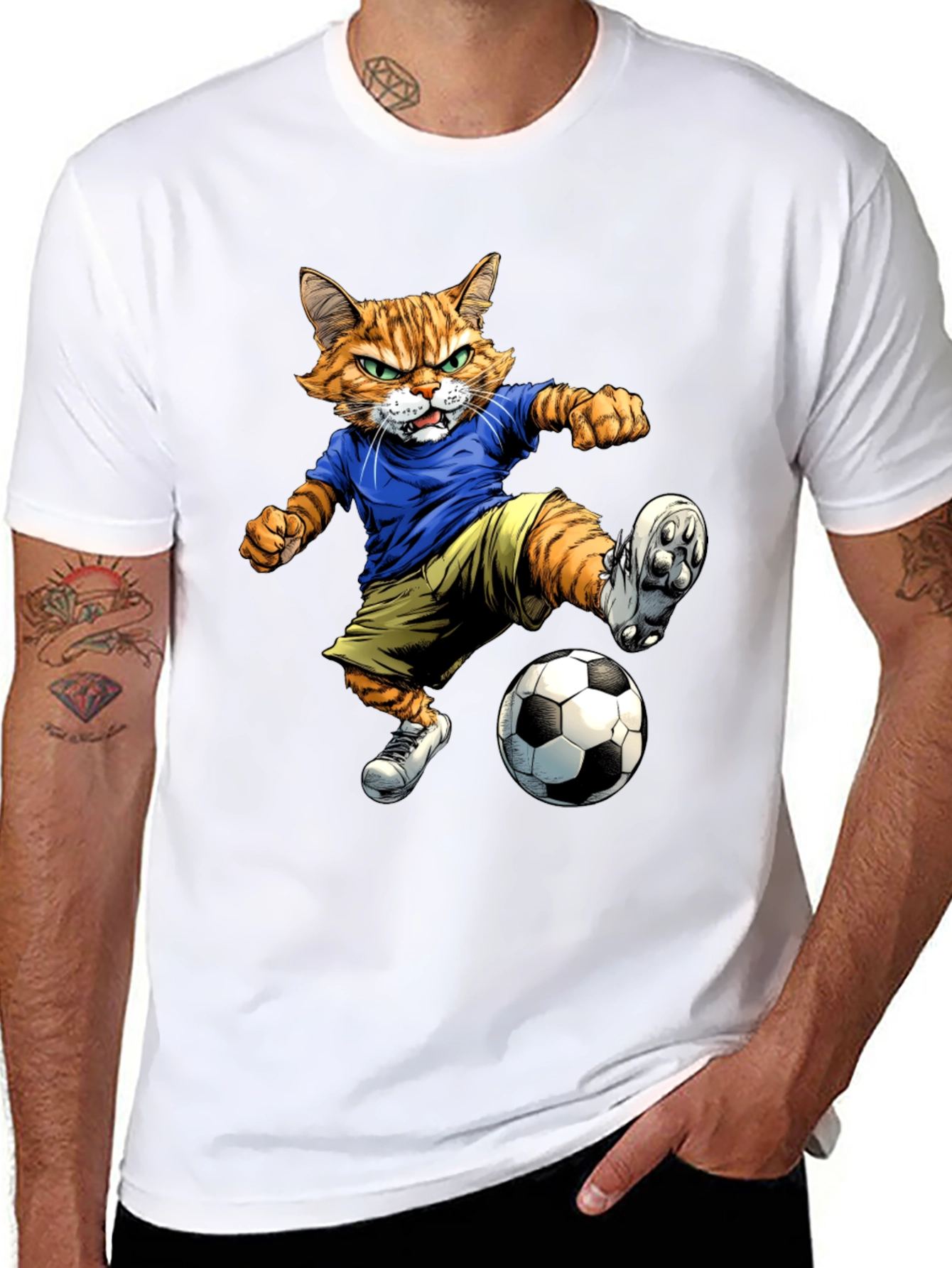 Cartoon Cat Soccer Player Graphic T-Shirt