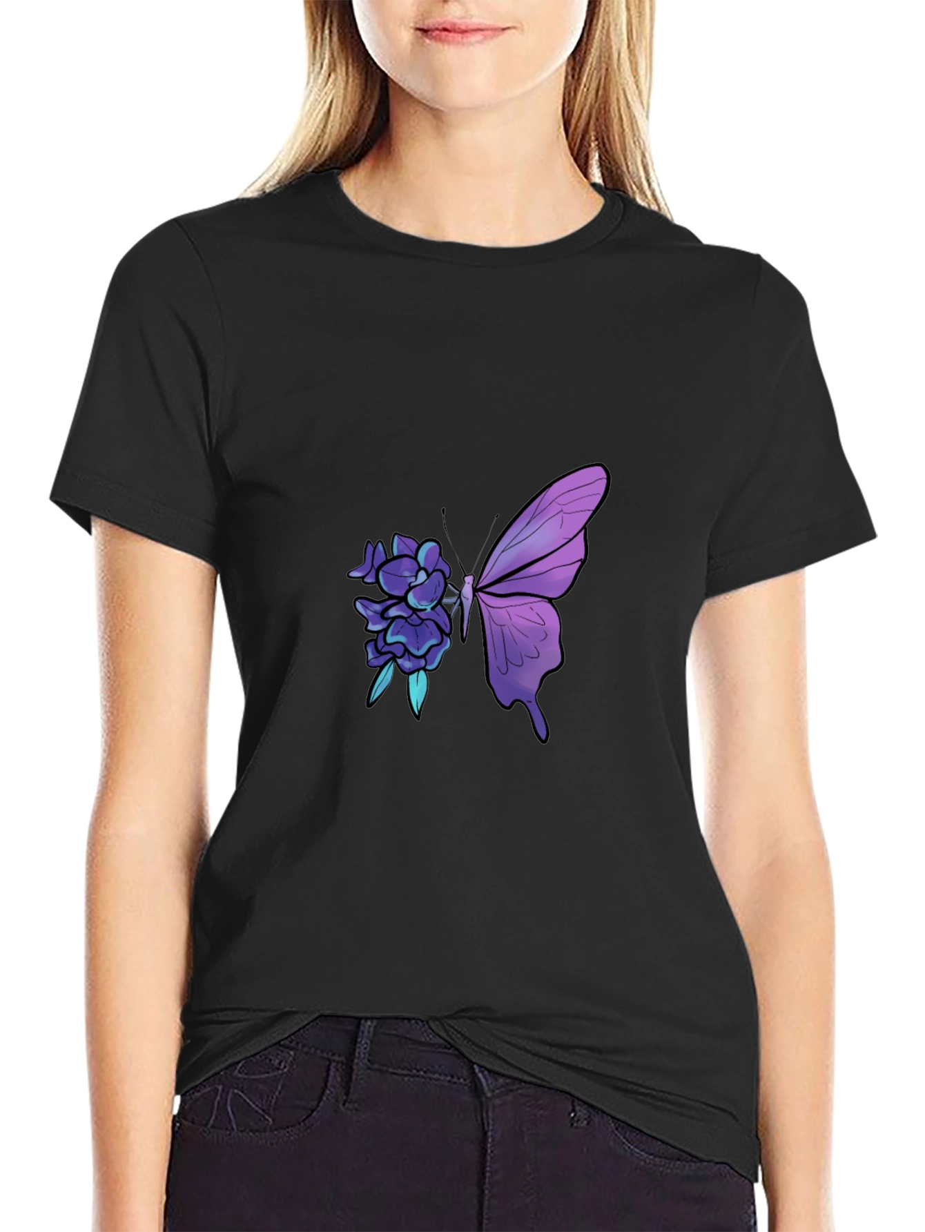 Butterfly Floral Graphic Print Black Tee