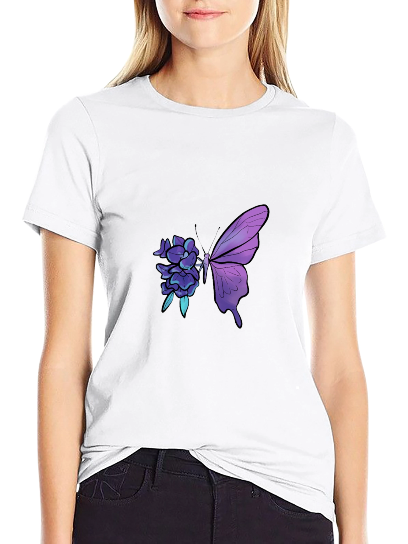 Butterfly Floral Graphic Print Black Tee