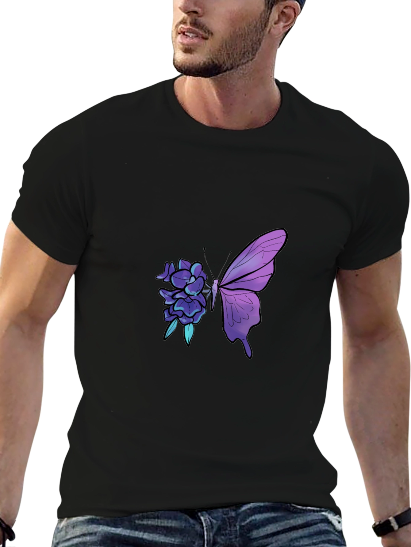 Butterfly Floral Graphic Print Black Tee