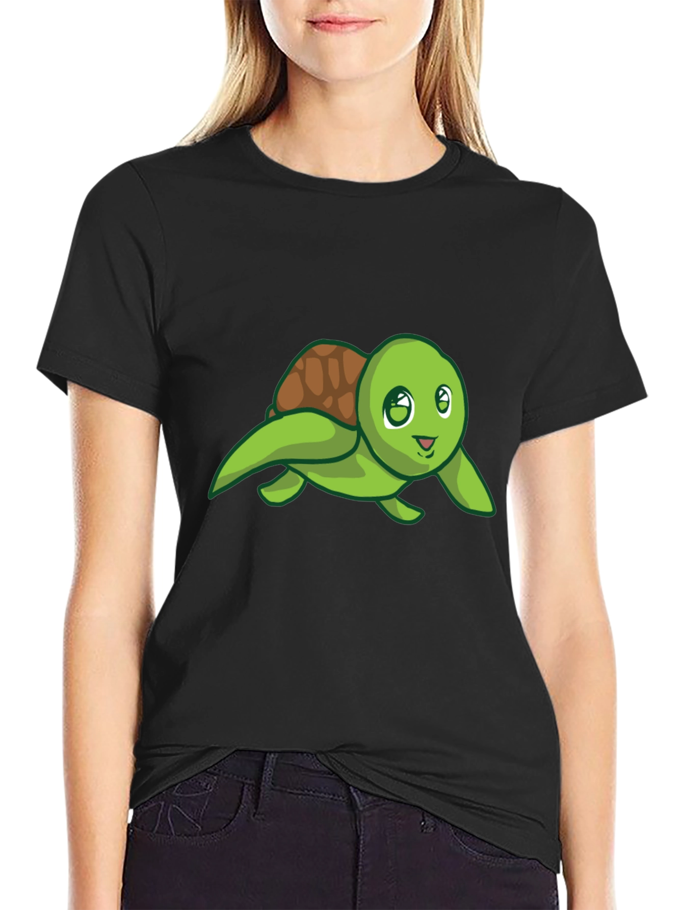 Cute Turtle Graphic Tee - Black Cotton T-Shirt