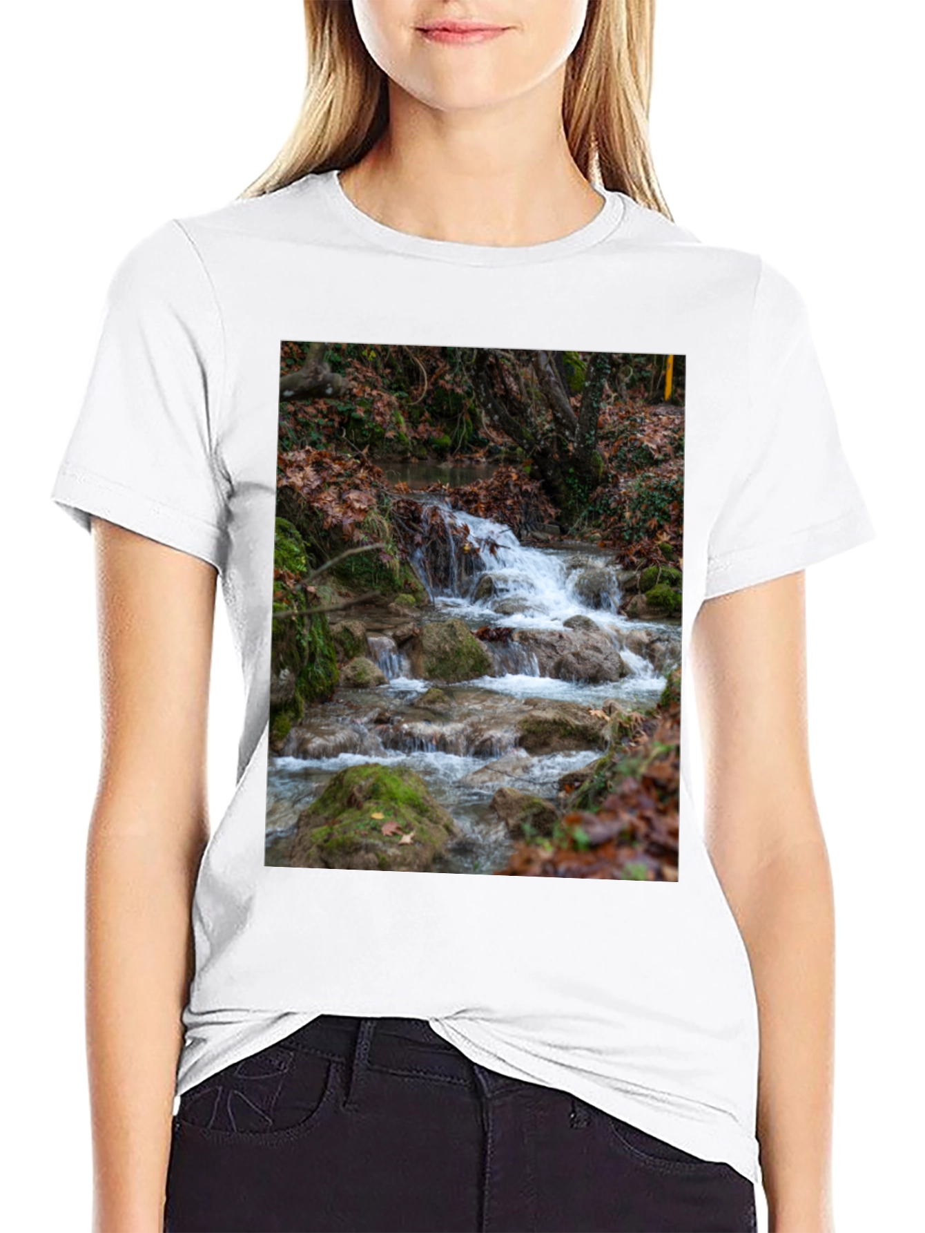 Nature Waterfall Graphic Tee - Black Cotton T-Shirt
