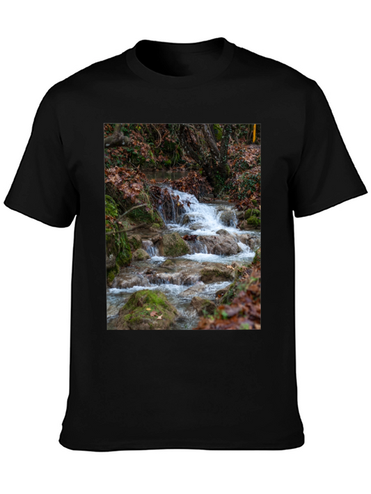 Nature Waterfall Graphic Tee - Black Cotton T-Shirt