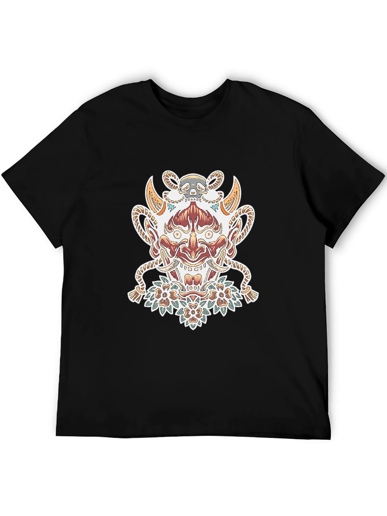Black T-Shirt with Oni Mask Graphic