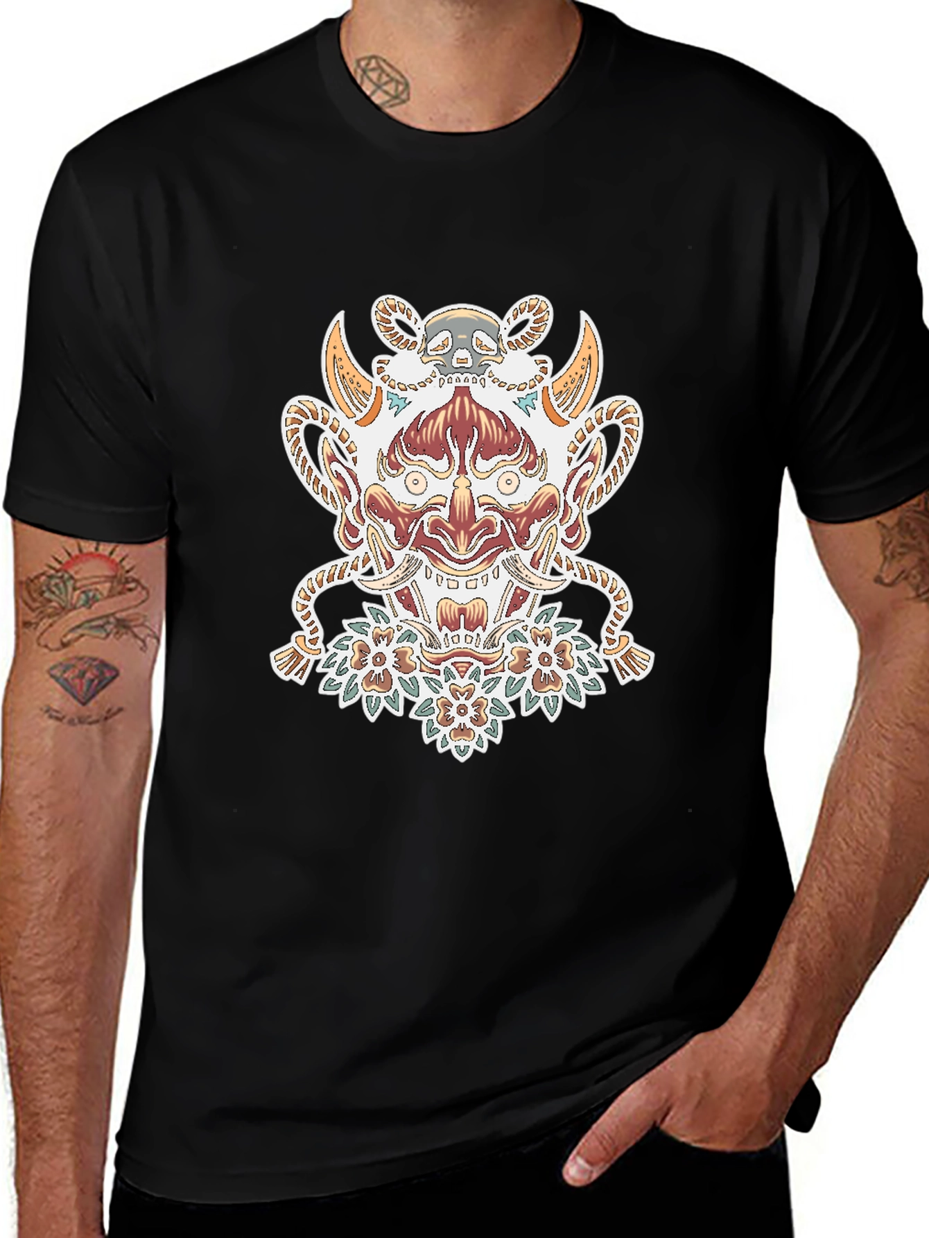 Black T-Shirt with Oni Mask Graphic
