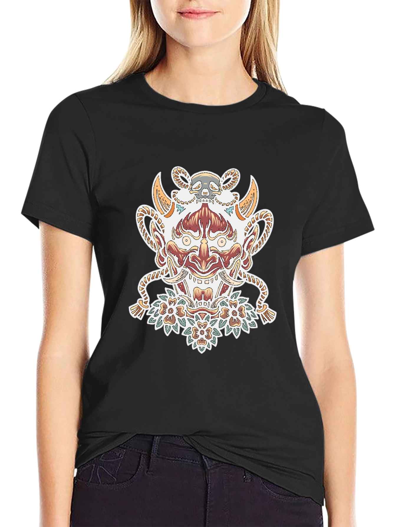 Black T-Shirt with Oni Mask Graphic