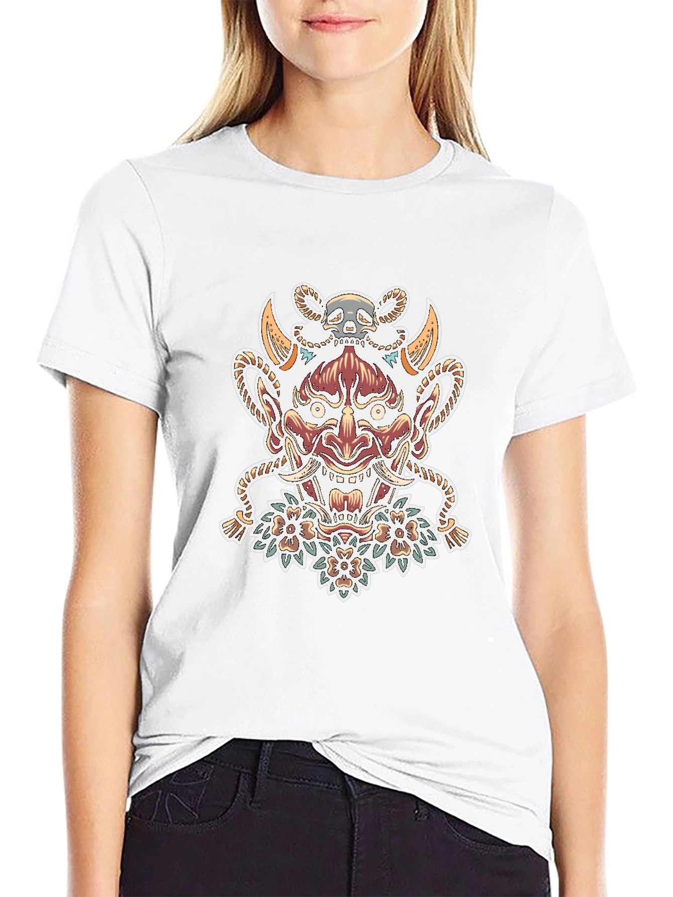 Black T-Shirt with Oni Mask Graphic