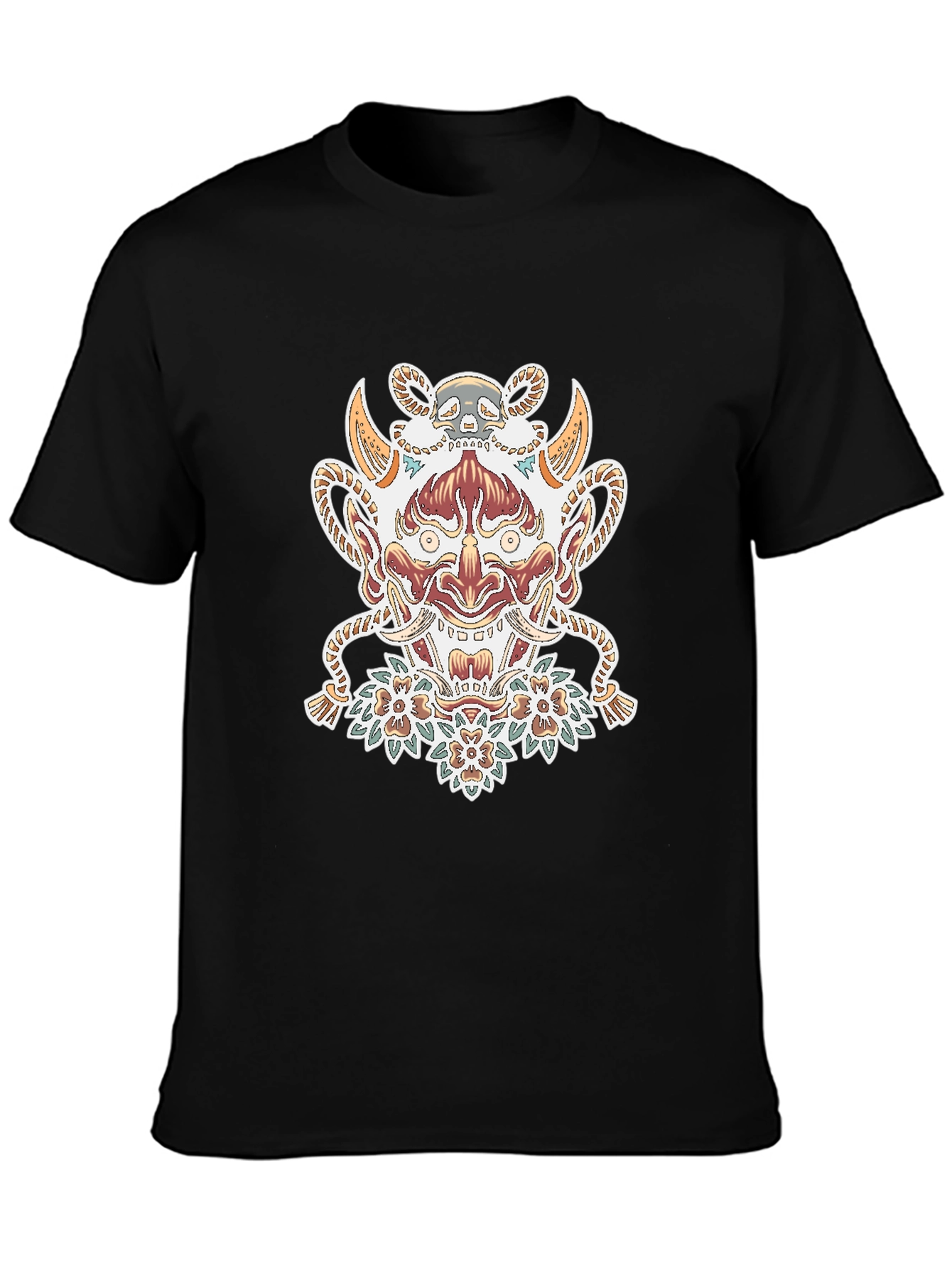Black T-Shirt with Oni Mask Graphic