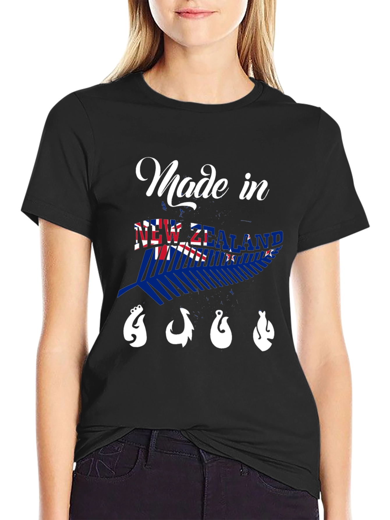 New Zealand Made Black T-Shirt with Fish Hooks