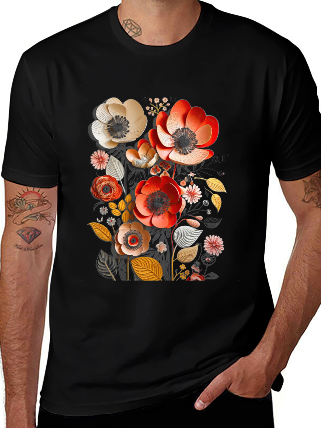 Floral Art Mens Black T-Shirt