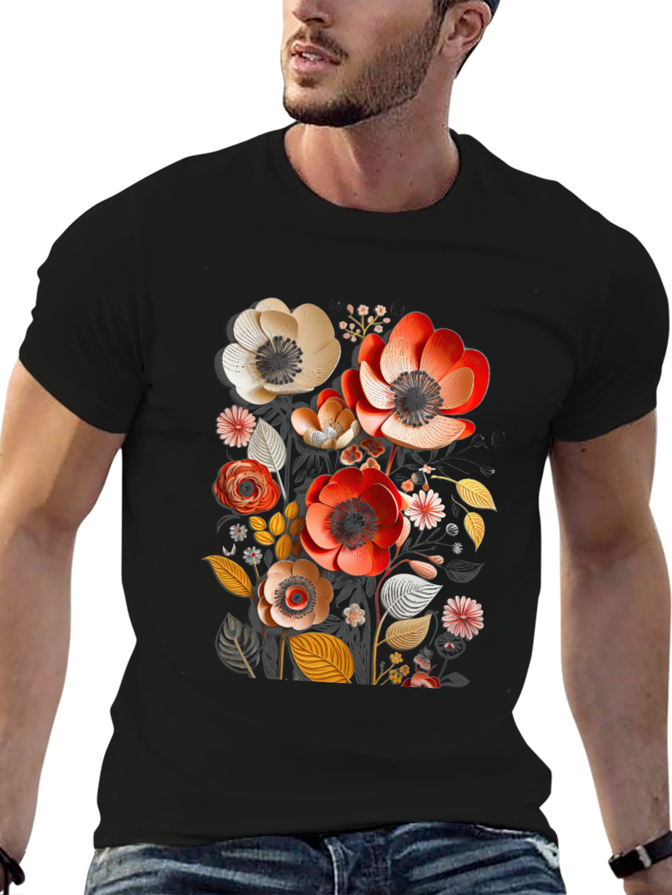 Floral Art Mens Black T-Shirt