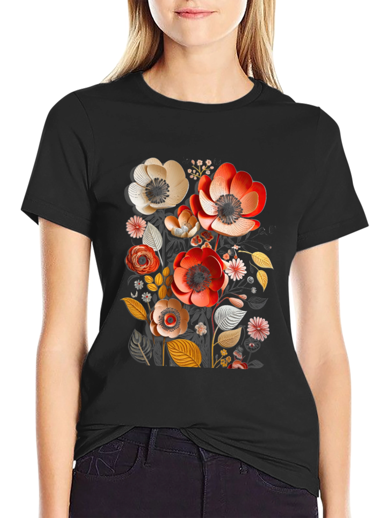 Floral Art Mens Black T-Shirt