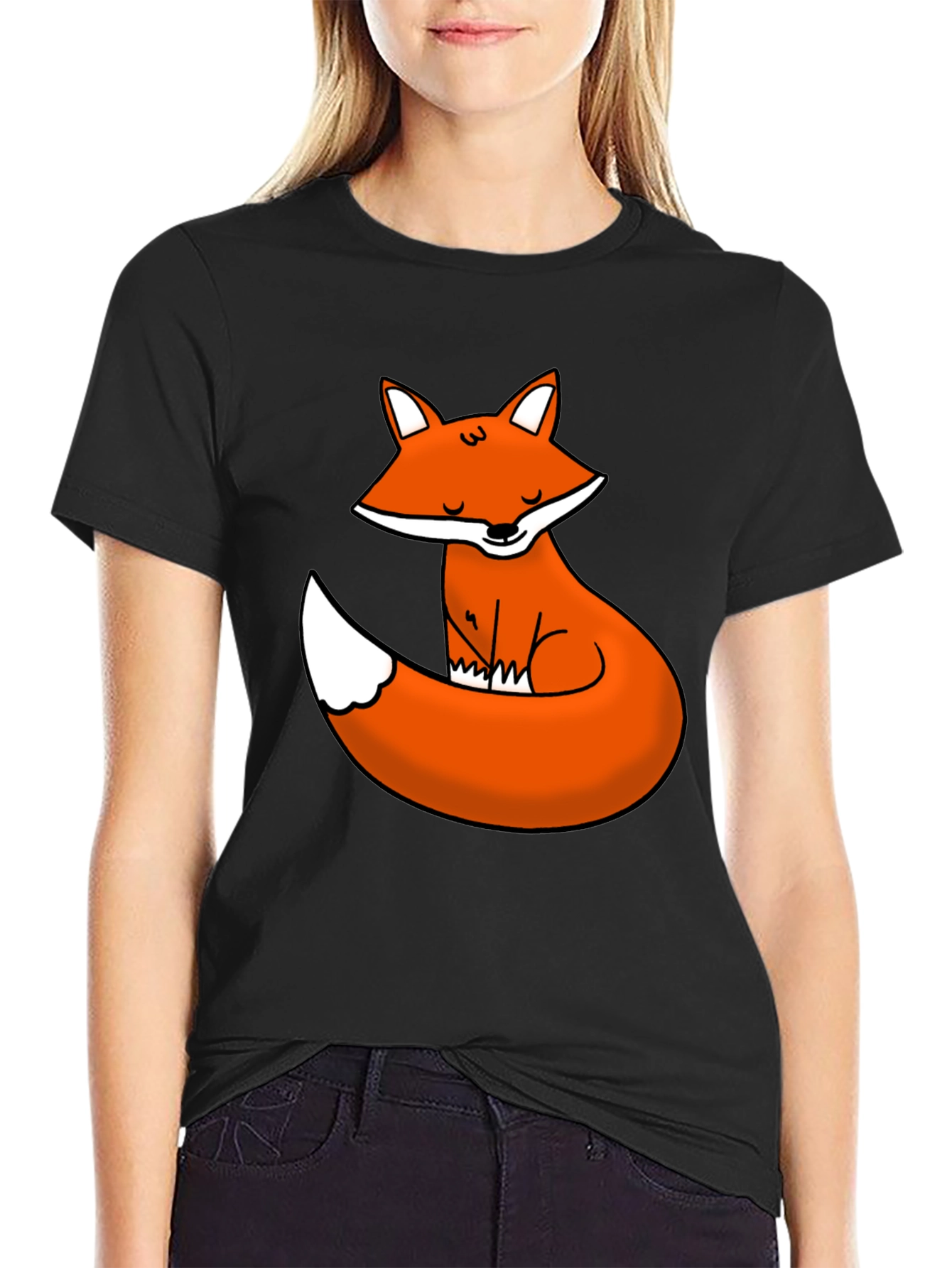 Cute Fox Graphic Tee - Black Cotton T-Shirt
