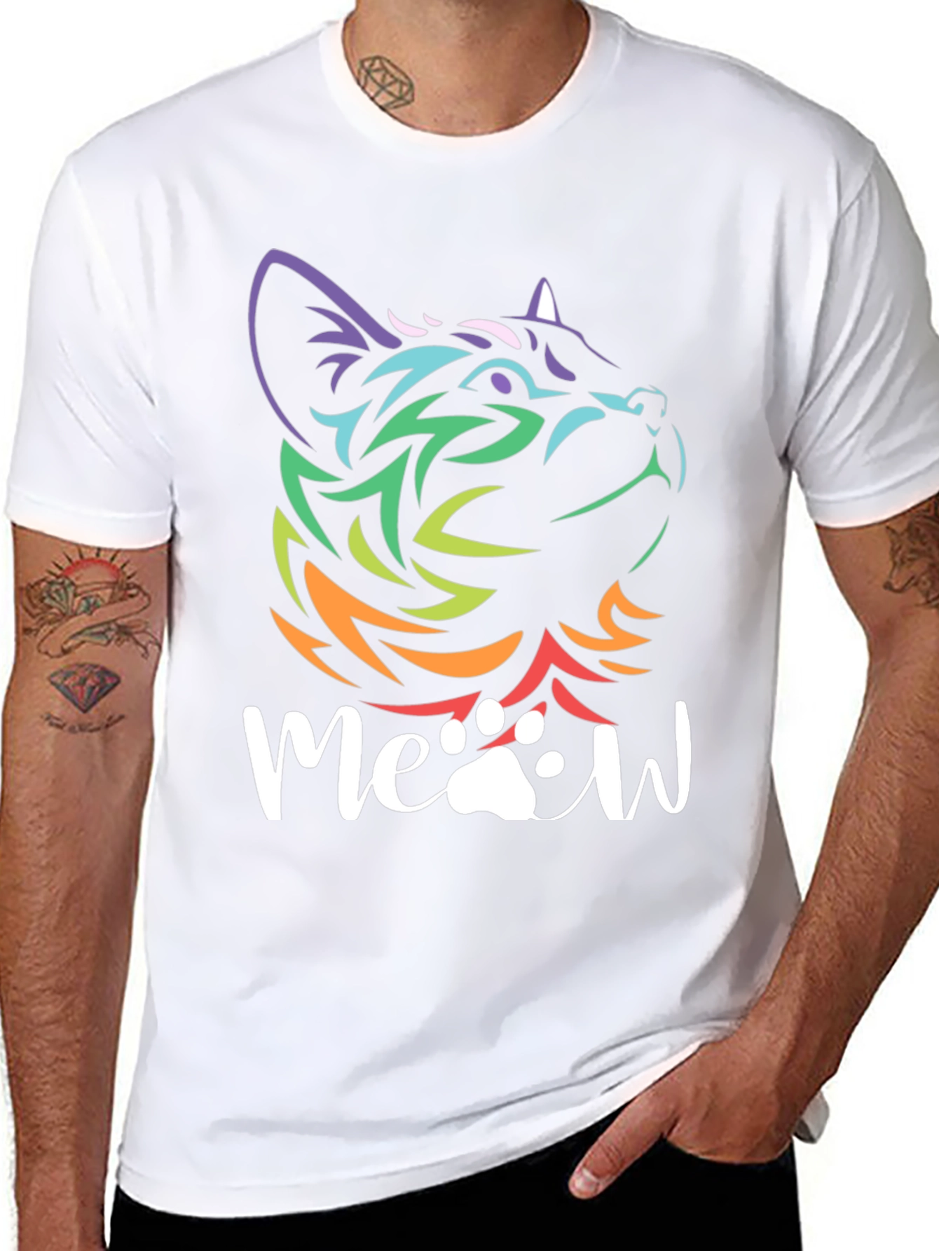 Meow Cat T-Shirt - Rainbow Tribal Cat Design